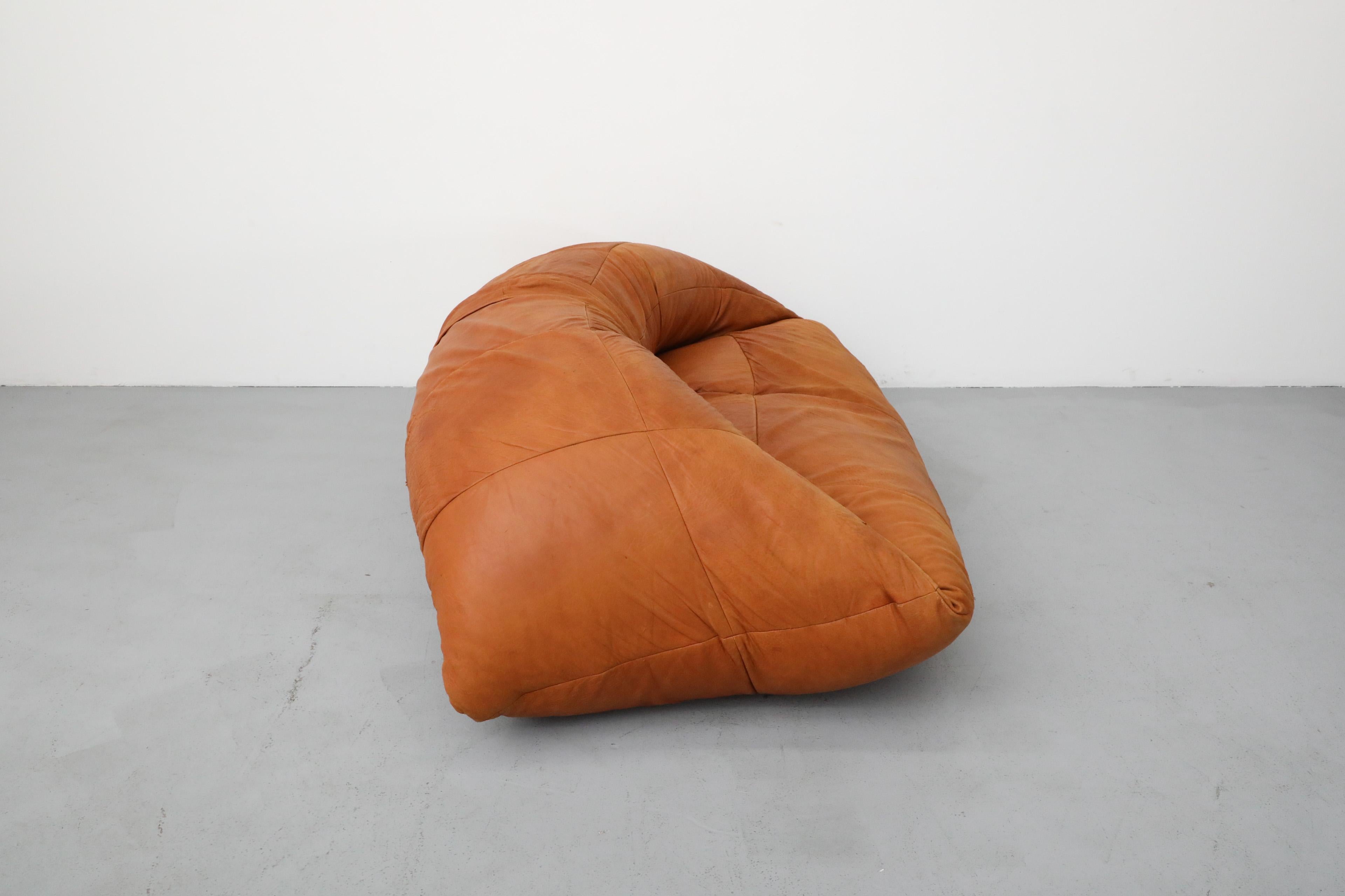 Raphael Raffel Cognac Leather Mini Croissant Sofa for Honore Paris, 1970's In Good Condition In Los Angeles, CA