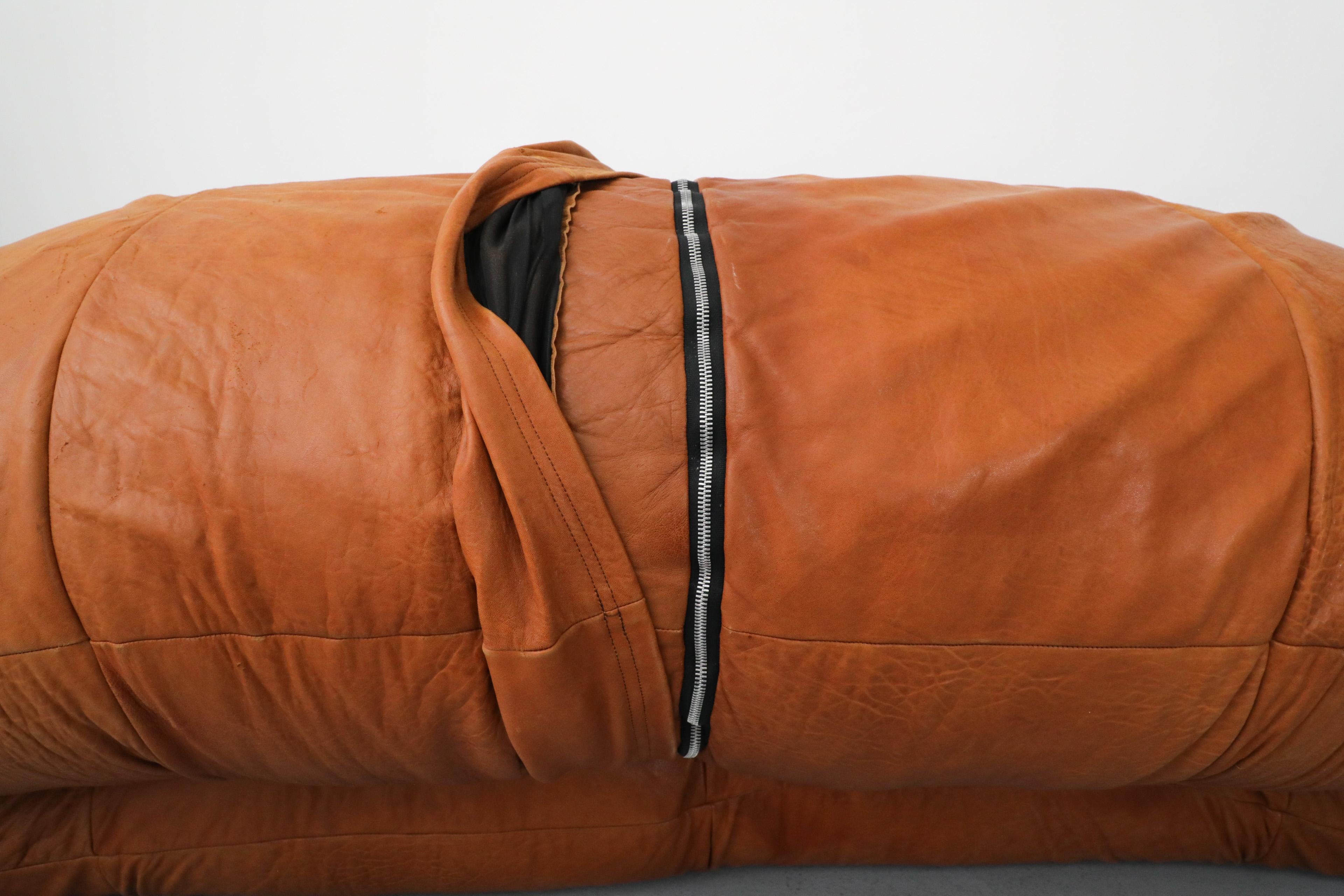 Raphael Raffel Cognac Leather Mini Croissant Sofa for Honore Paris, 1970's 3