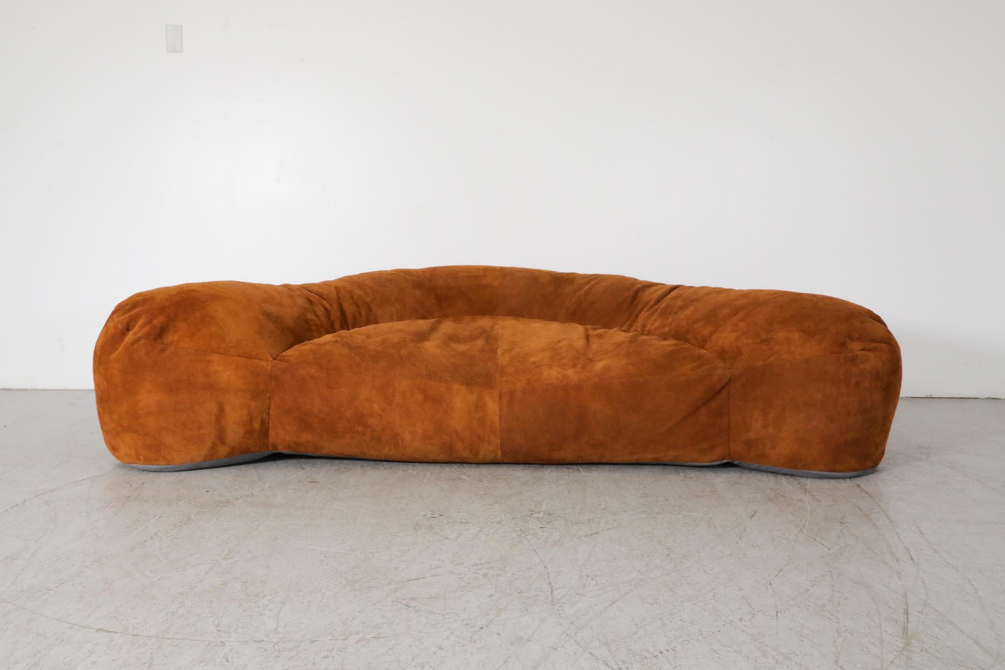 French Raphael Raffel designed Cognac Leather Croissant Sofa, Newly made in Suede For Sale