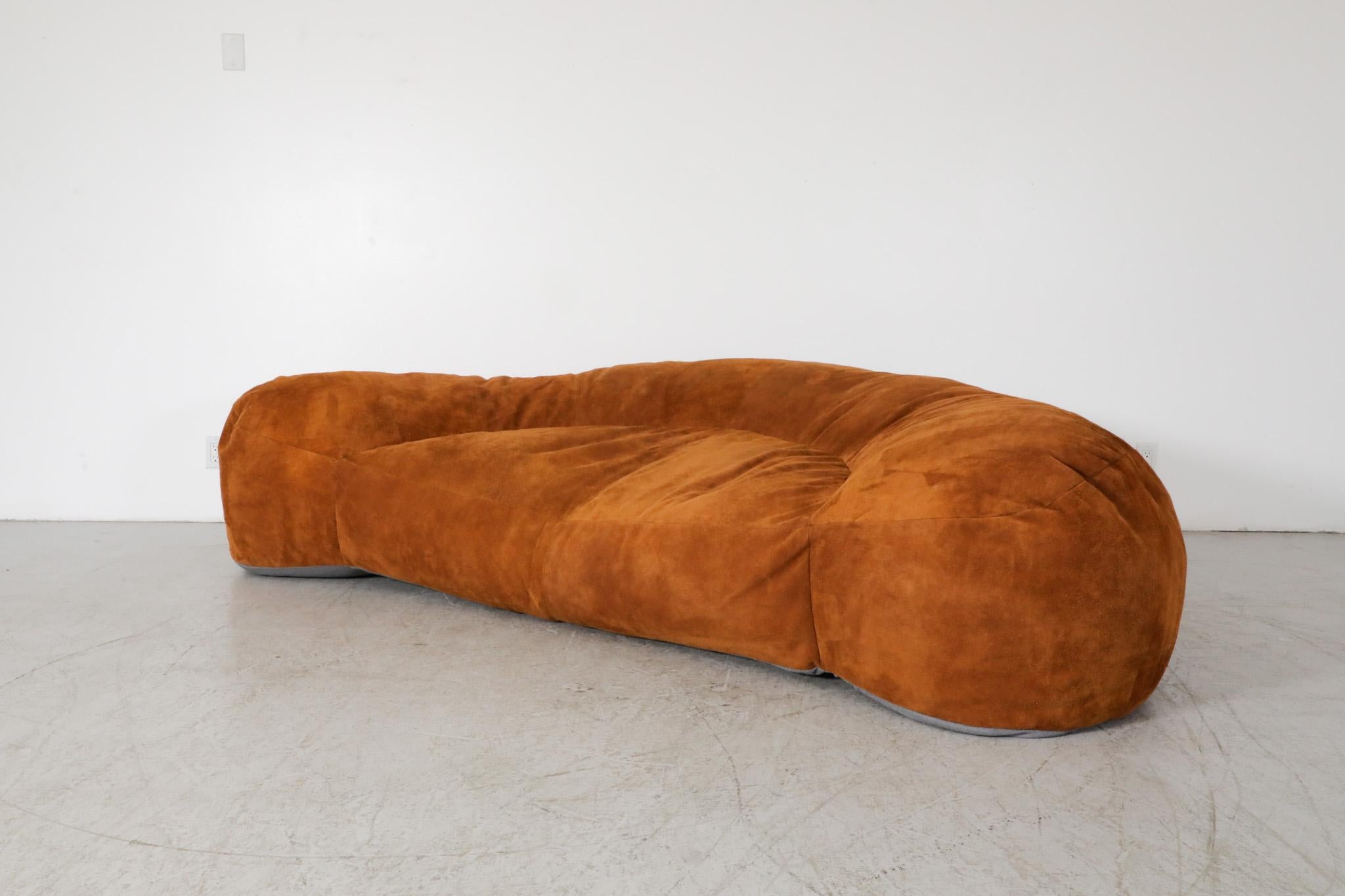 Raphael Raffel designed Cognac Leather Croissant Sofa, Newly made in Suede In Good Condition For Sale In Los Angeles, CA