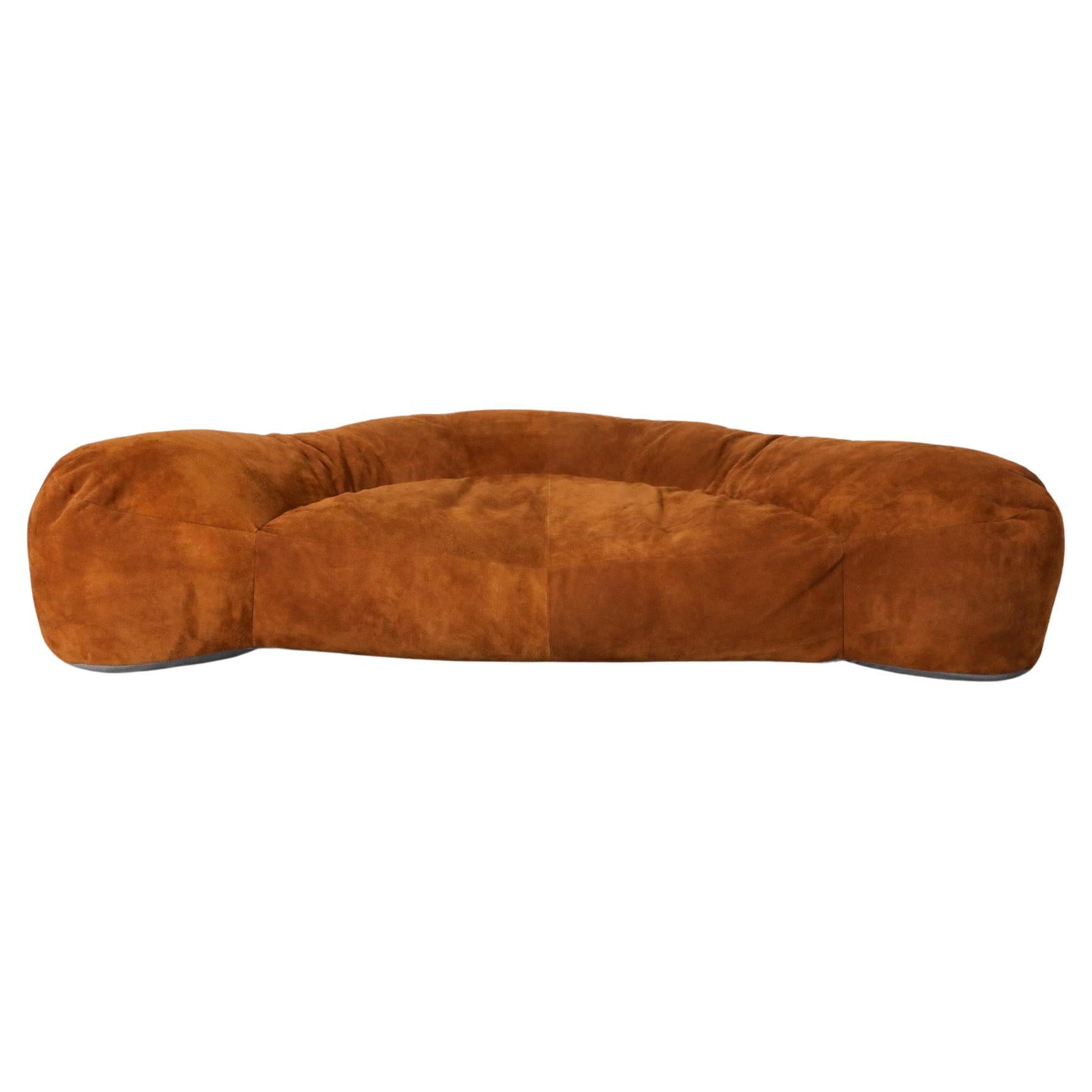 Raphael Raffel designed Cognac Leather Croissant Sofa, Newly made in Suede For Sale