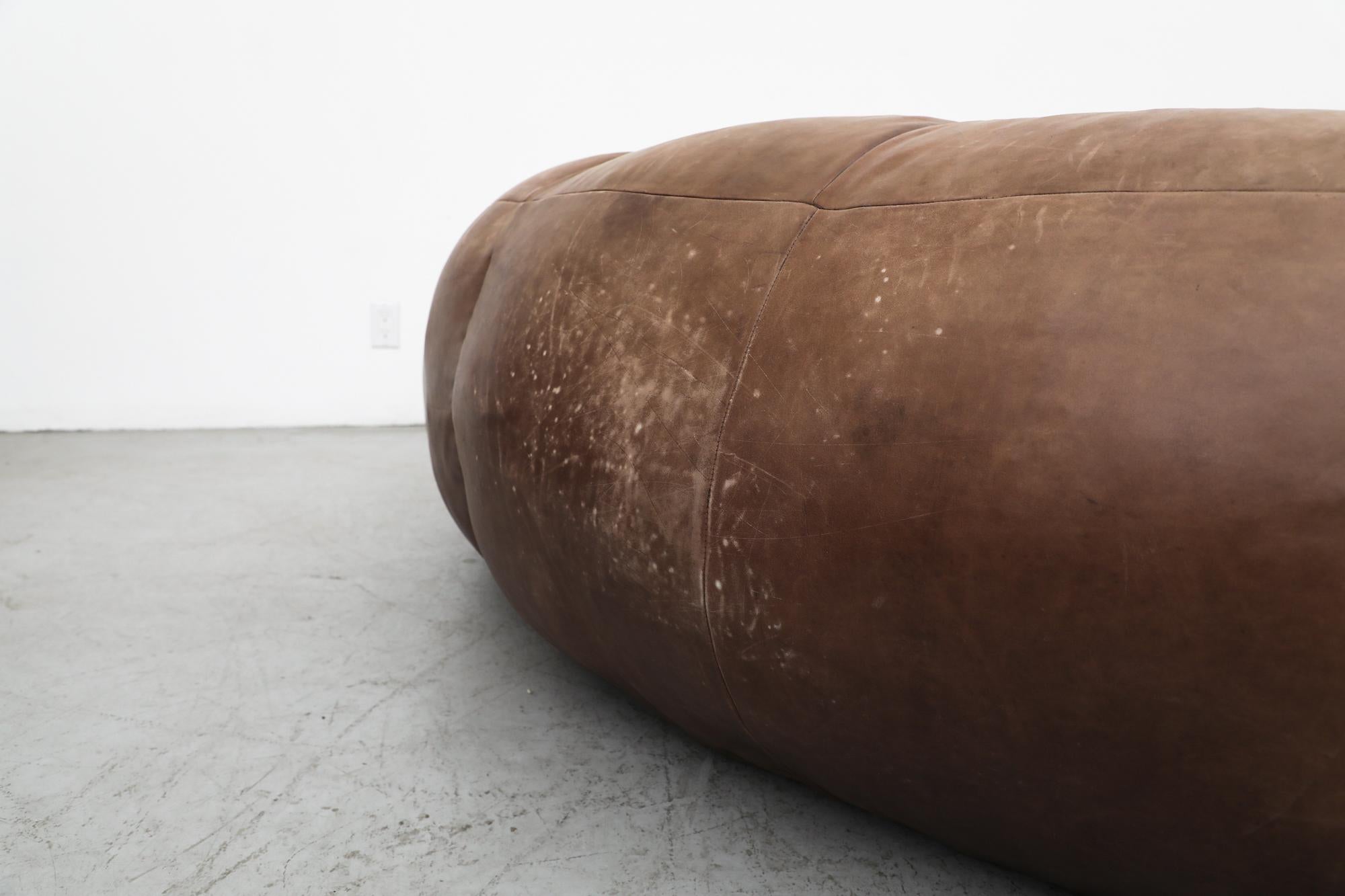 Late 20th Century Raphael Raffel Brown Natural Leather Croissant Sofa for Honore Paris, 1970s For Sale