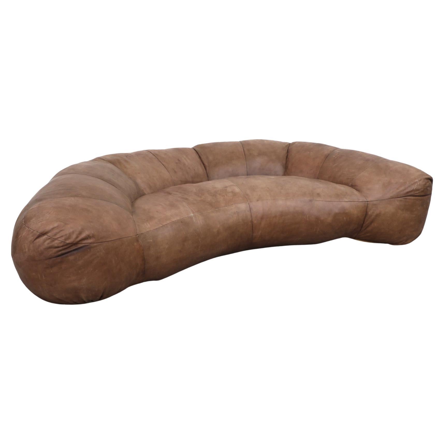 Raphael Raffel Brown Natural Leather Croissant Sofa for Honore Paris, 1970s For Sale