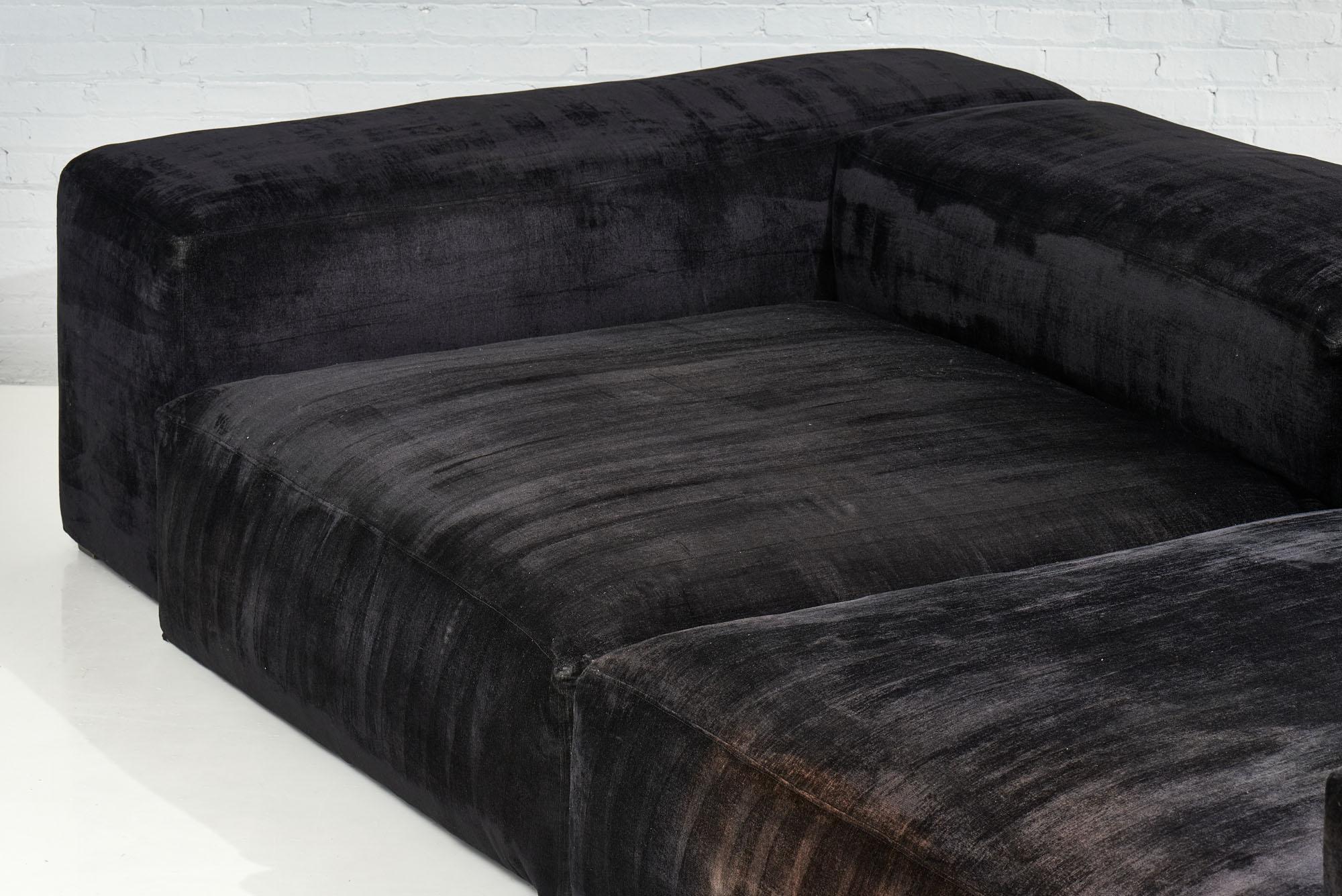 Velvet Raphael Raffel Monumental Black Sofa, 1980