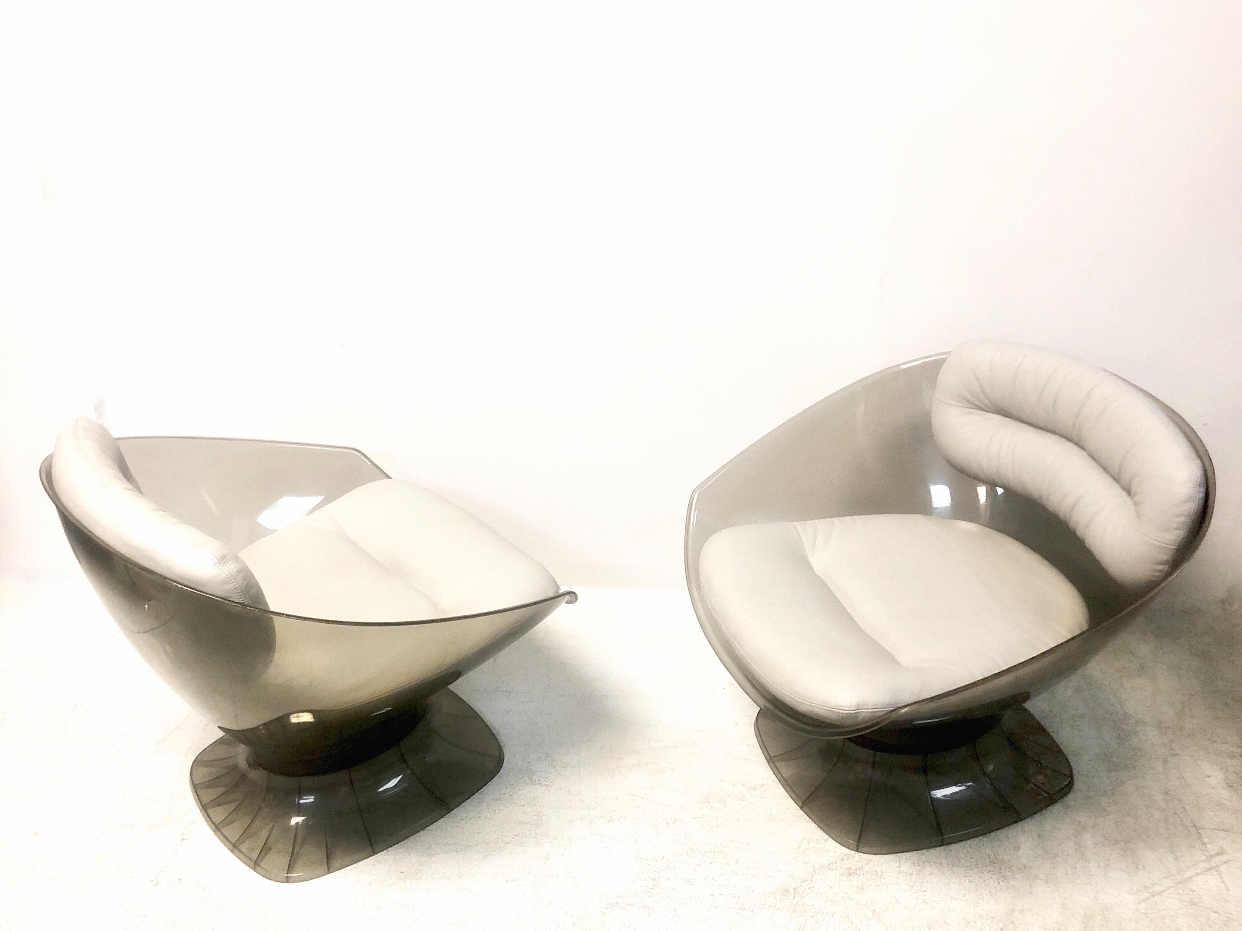 Raphael Raffel Pod Bronze Acrylic Pair of Chairs with Light Gray Leather Seats 10