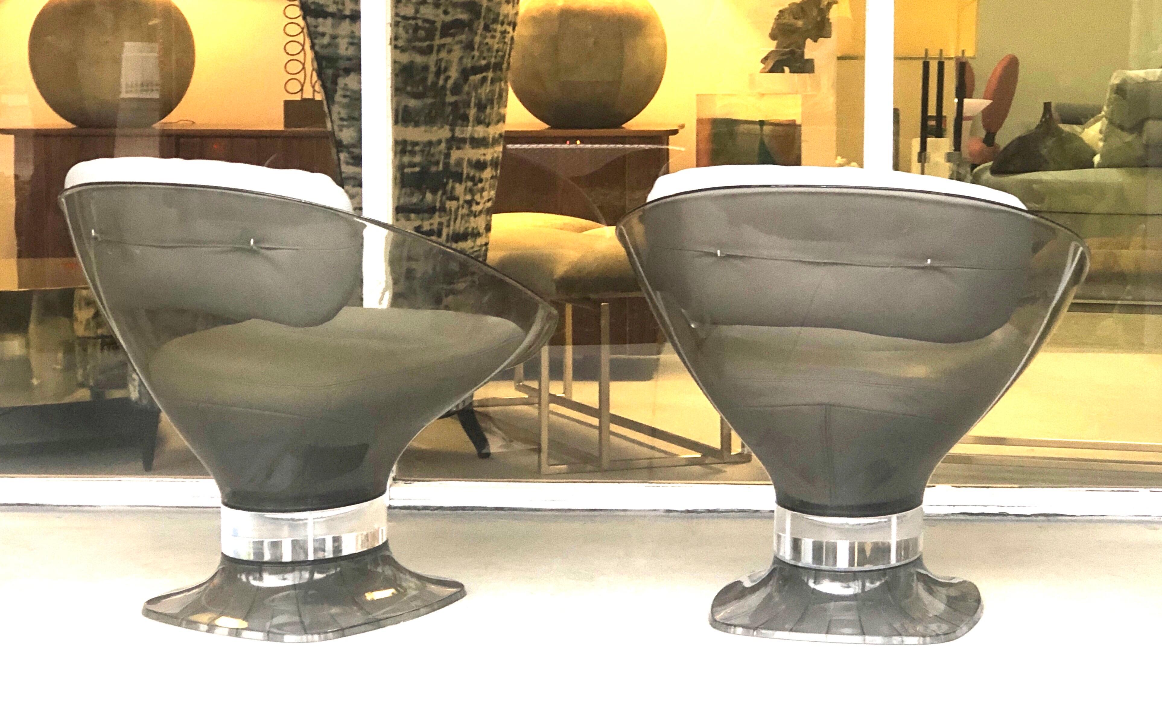 Raphael Raffel Pod Bronze Acrylic Pair of Chairs with Light Gray Leather Seats In Good Condition In Miami, FL