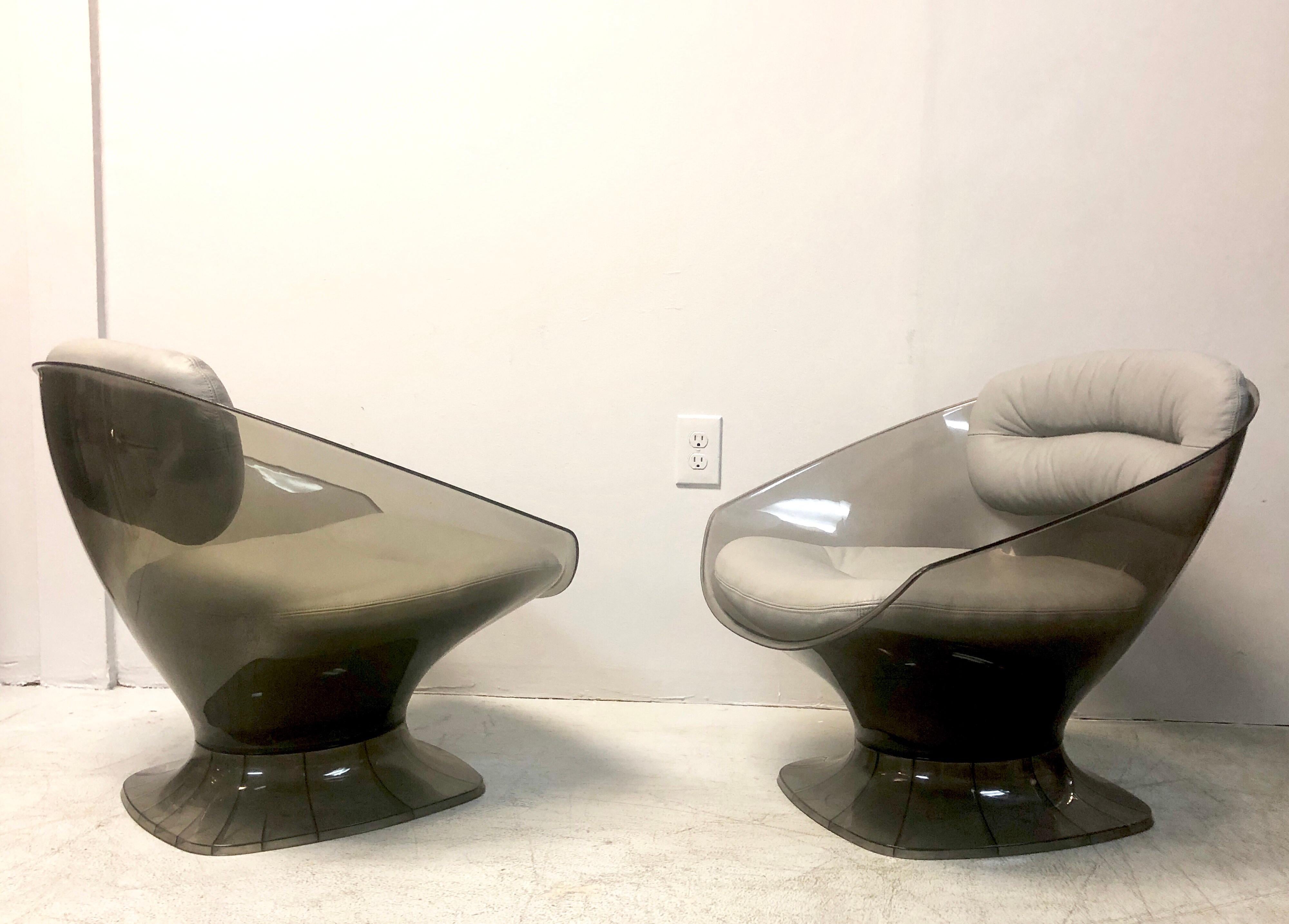 Raphael Raffel Pod Bronze Acrylic Pair of Chairs with Light Gray Leather Seats 1