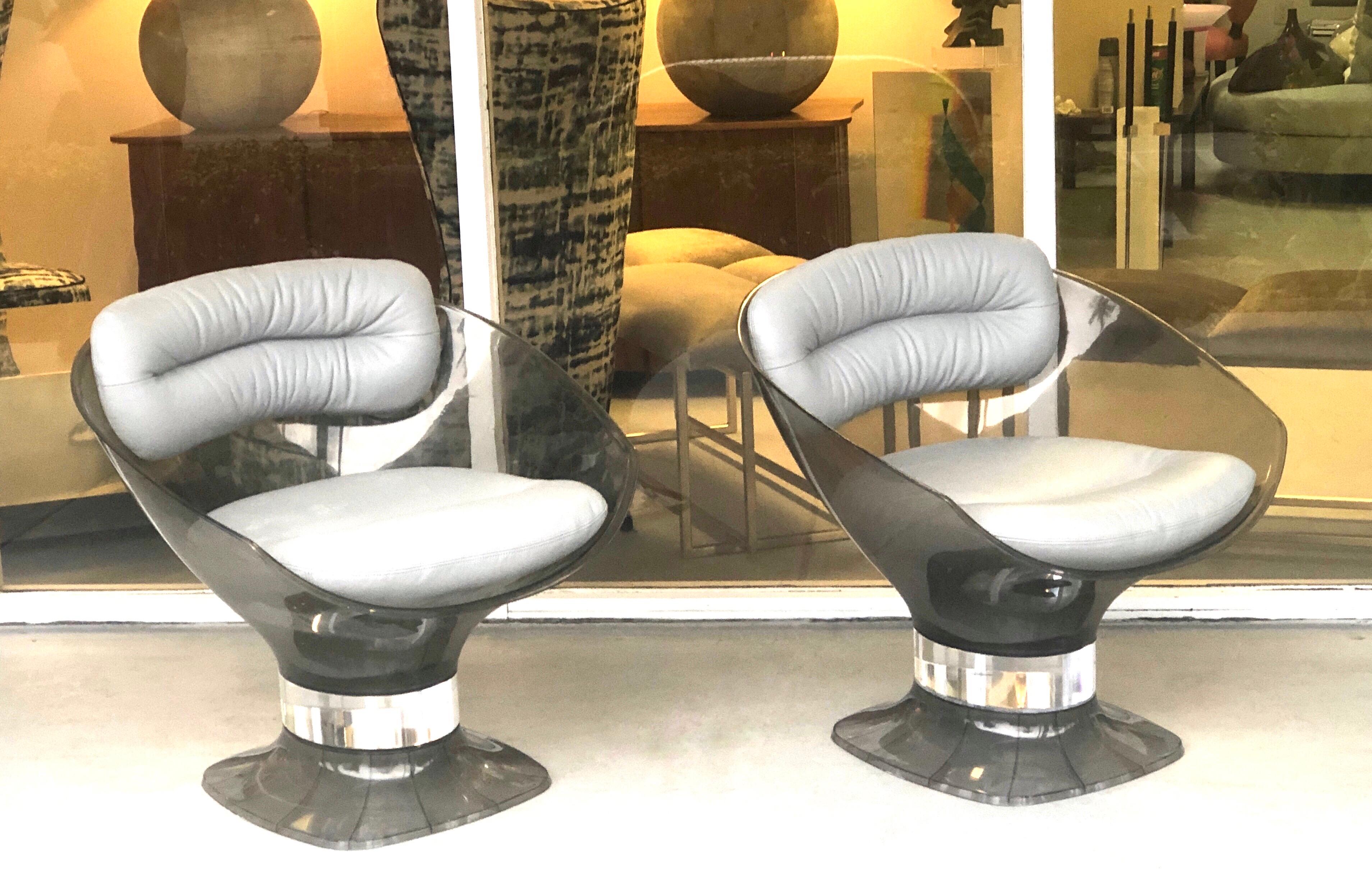 Late 20th Century Raphael Raffel Pod Bronze Acrylic Pair of Chairs with Light Gray Leather Seats