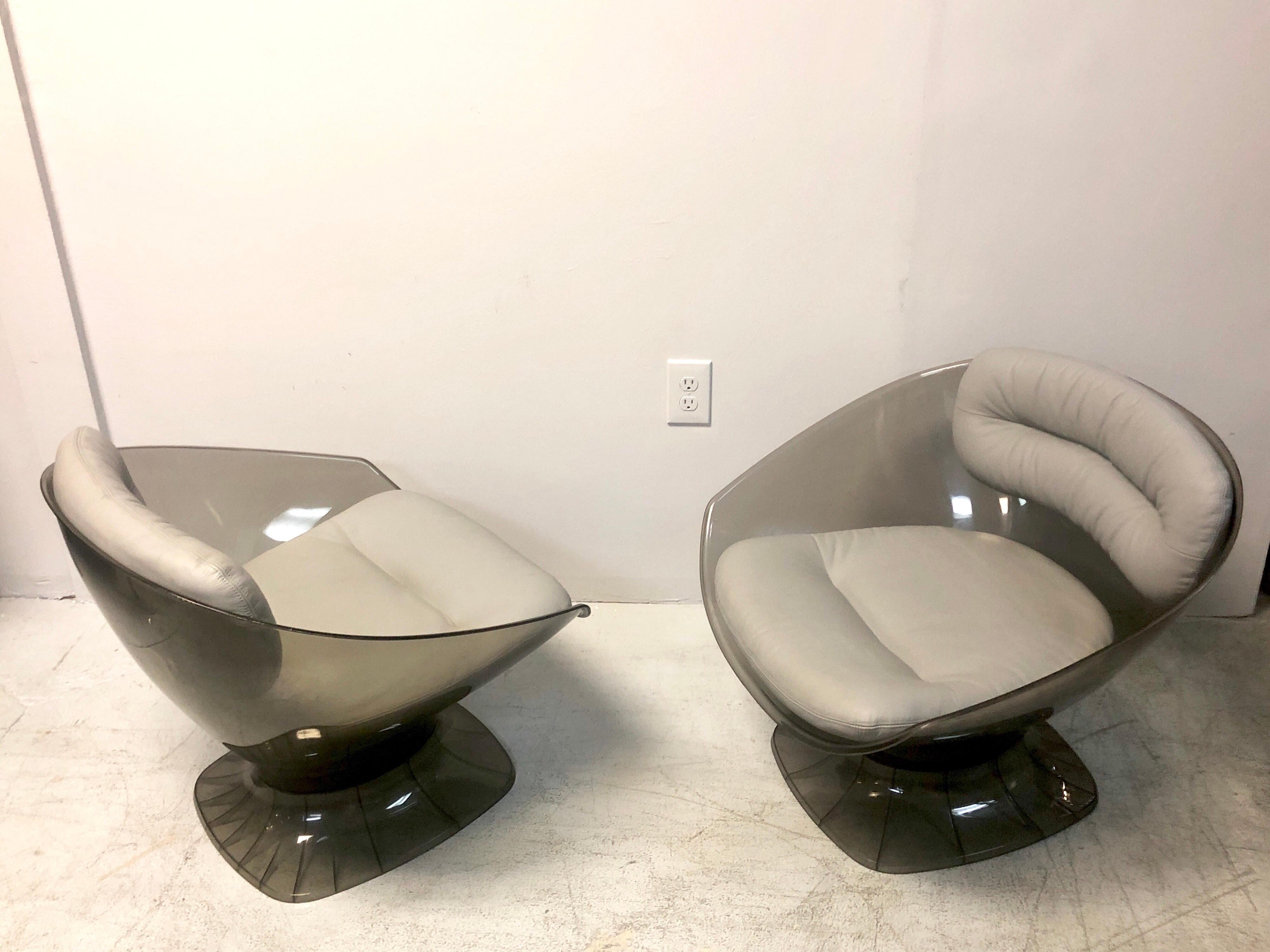 Raphael Raffel Pod Bronze Acrylic Pair of Chairs with Light Gray Leather Seats 2