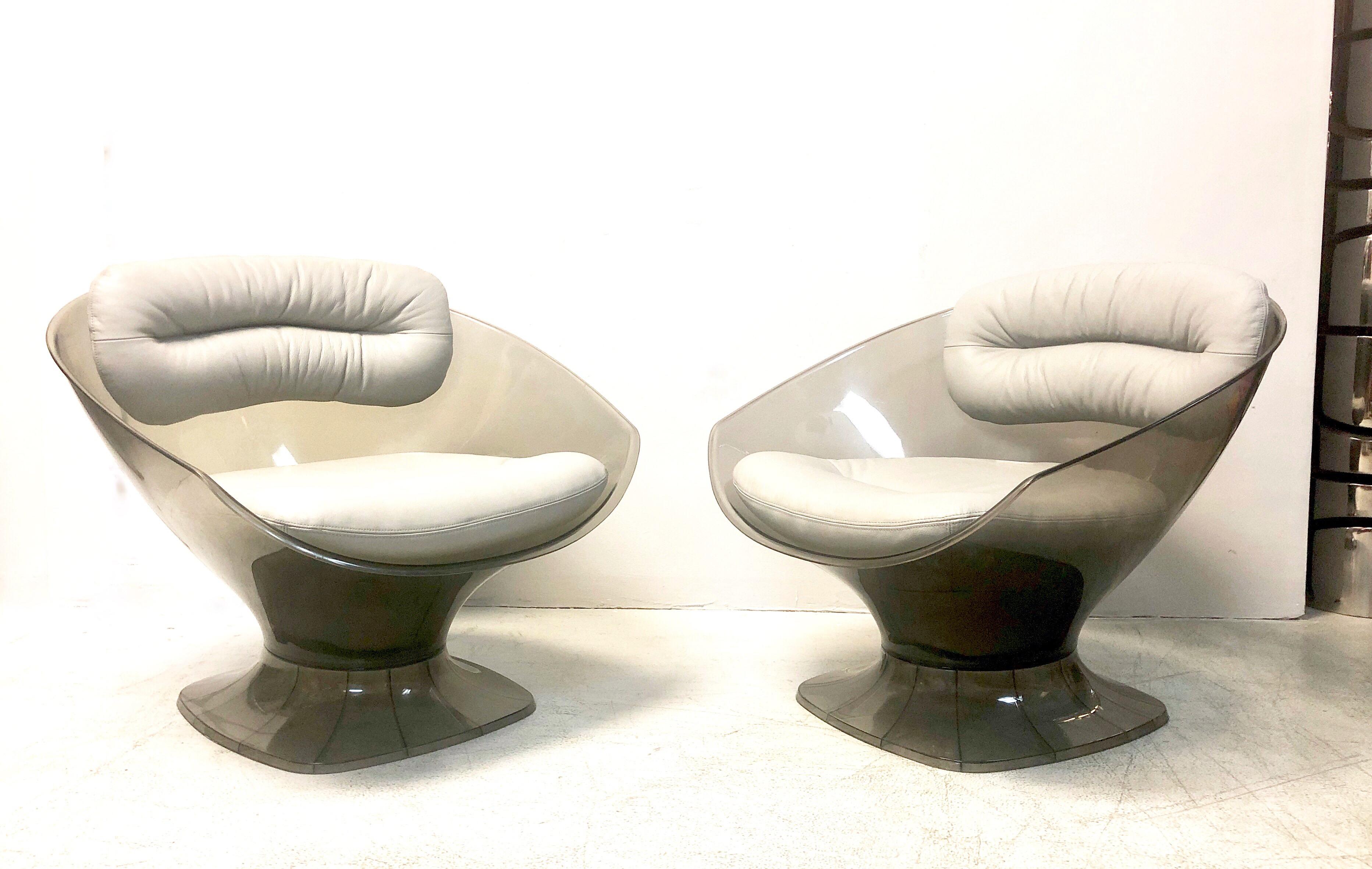 Raphael Raffel Pod Bronze Acrylic Pair of Chairs with Light Gray Leather Seats 3