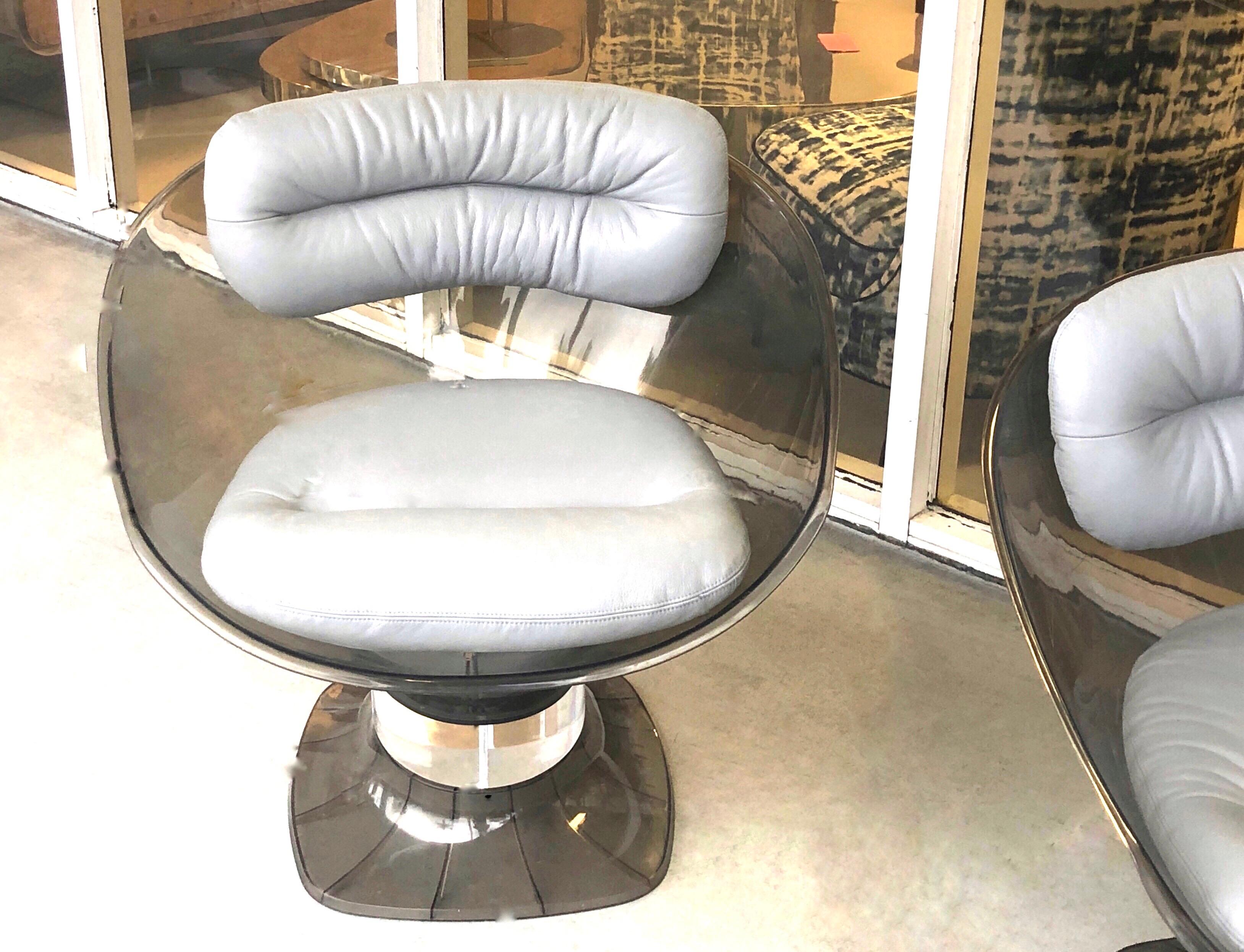 Raphael Raffel Pod Bronze Acrylic Pair of Chairs with Light Gray Leather Seats 2