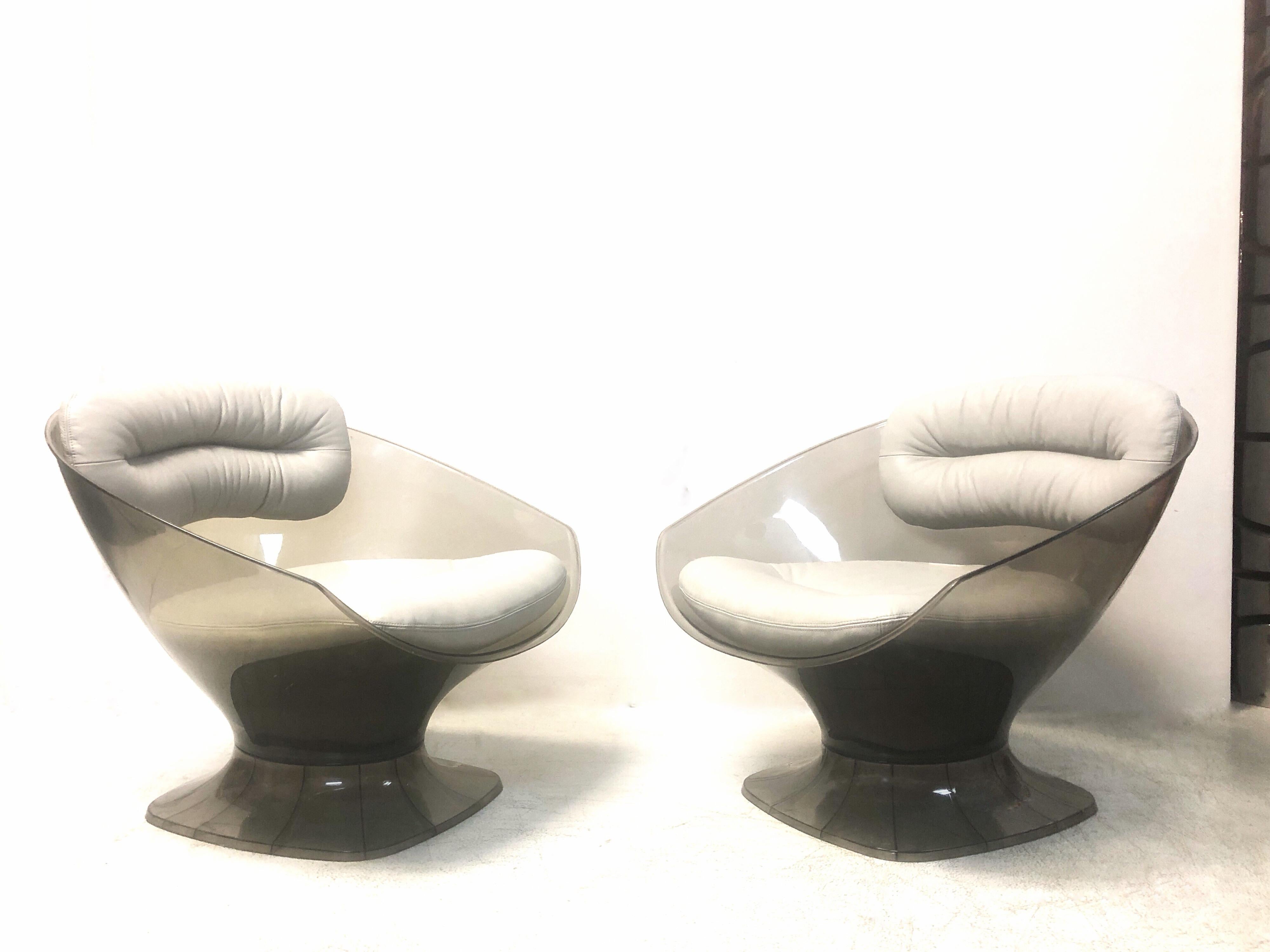 Raphael Raffel Pod Bronze Acrylic Pair of Chairs with Light Gray Leather Seats 4