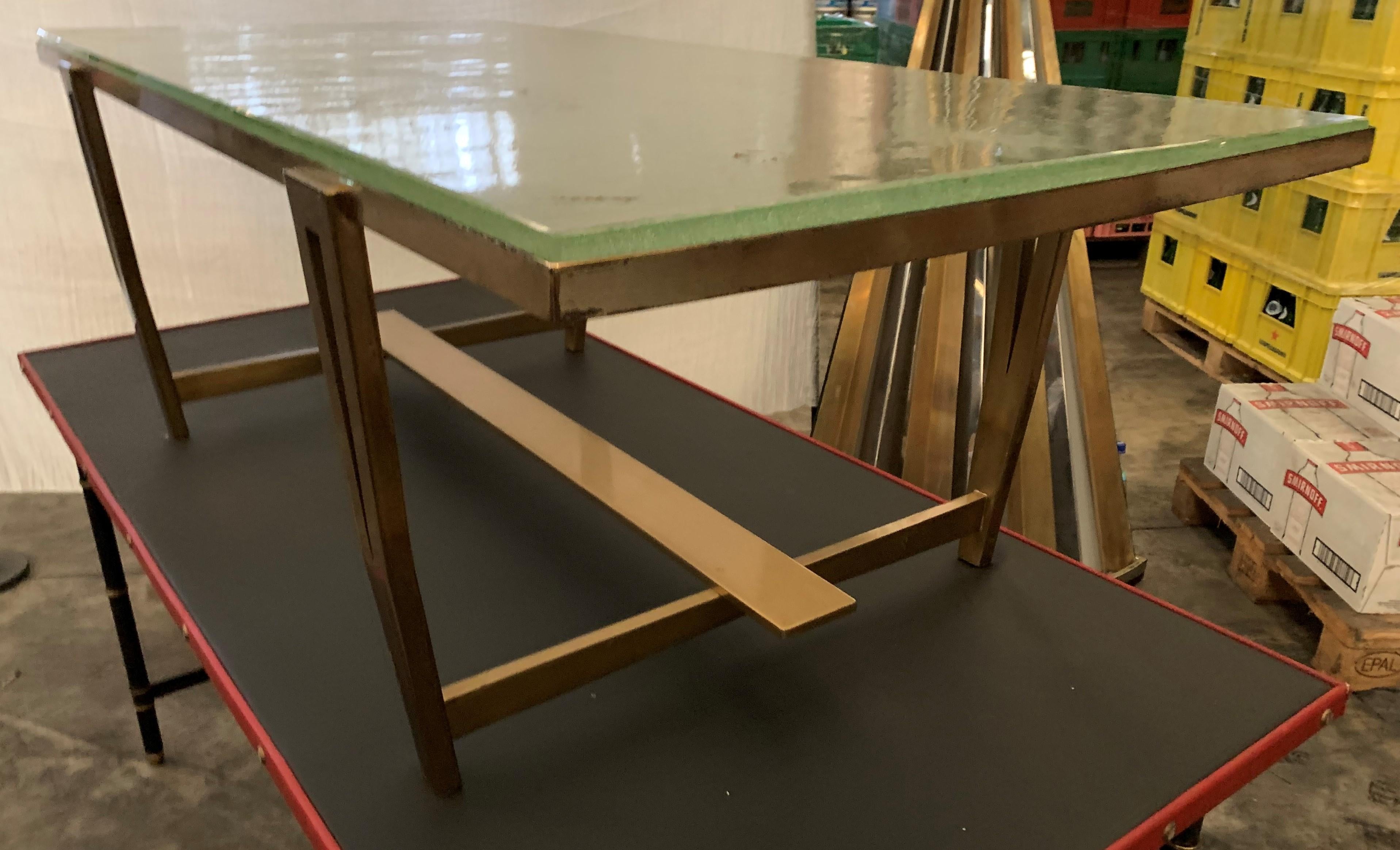 Raphael Raffel Saint Gobain Glass Slab Top and Gilt Bronze Coffee Table, 1960 In Good Condition For Sale In Aix En Provence, FR