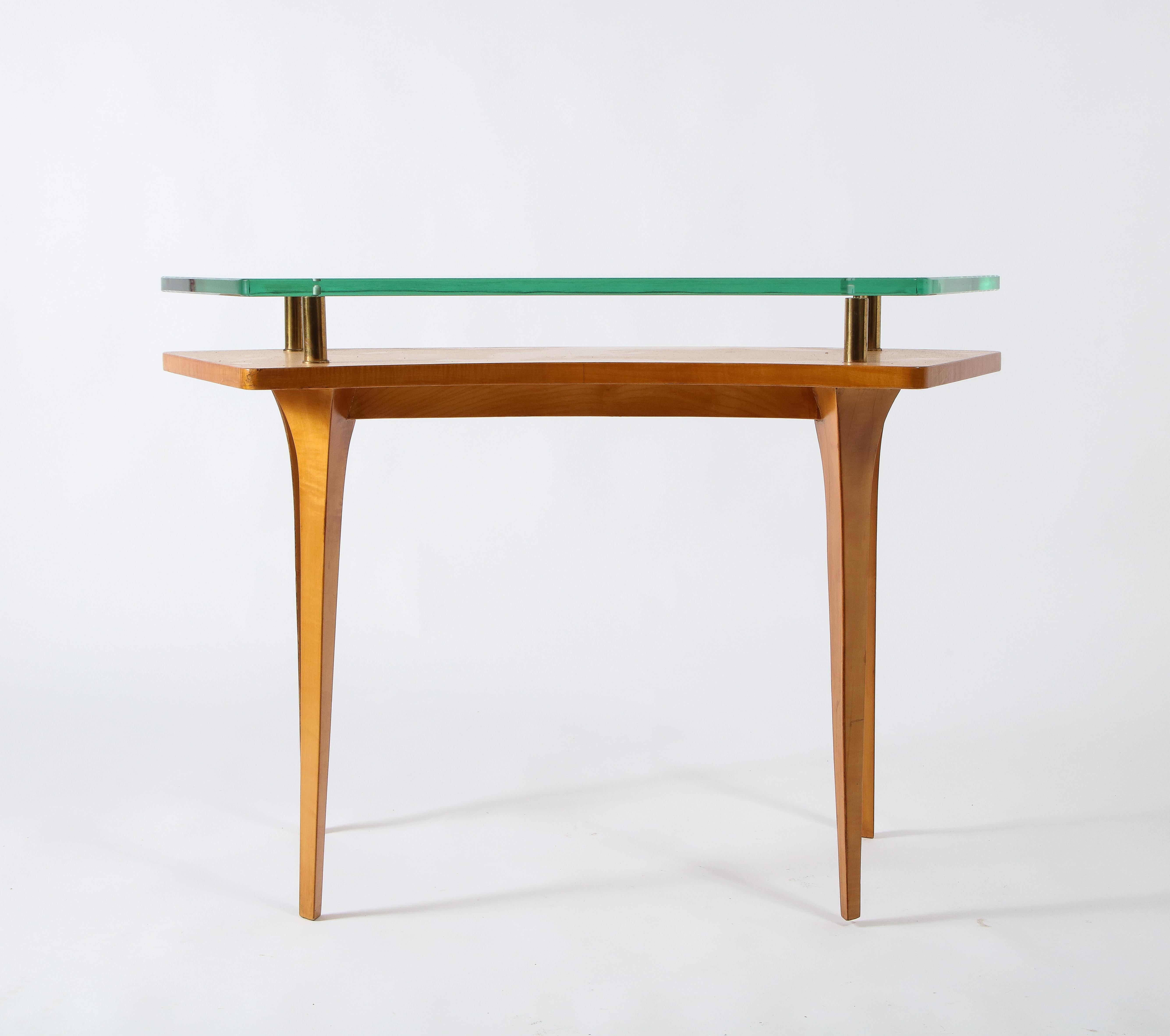 20th Century Raphael Raffel Vanity or Writing Desk in Sycamore and Glass, France 1950s For Sale