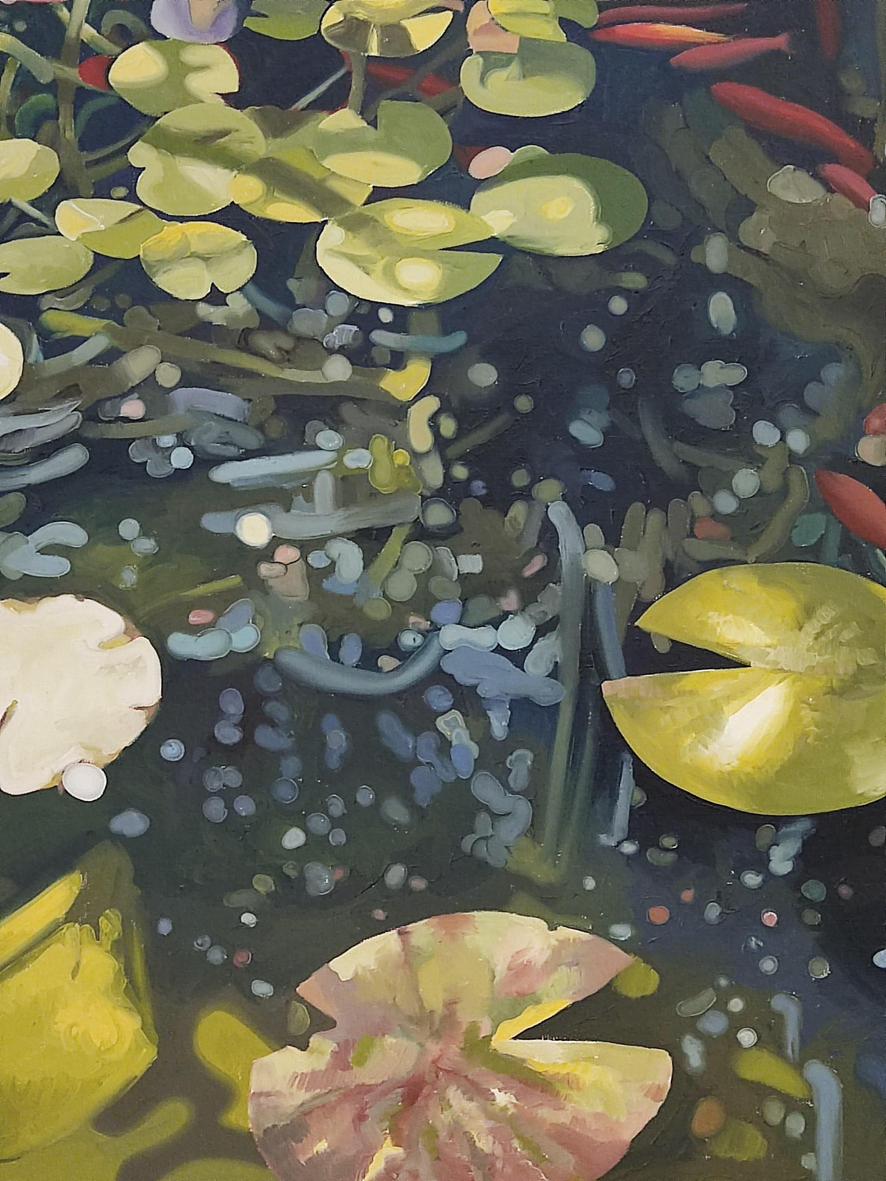 Peinture à l'huile originale de Bassin sur toile, lys d'eau, plante, eau, poisson doré - Painting de Raphaël Renaud