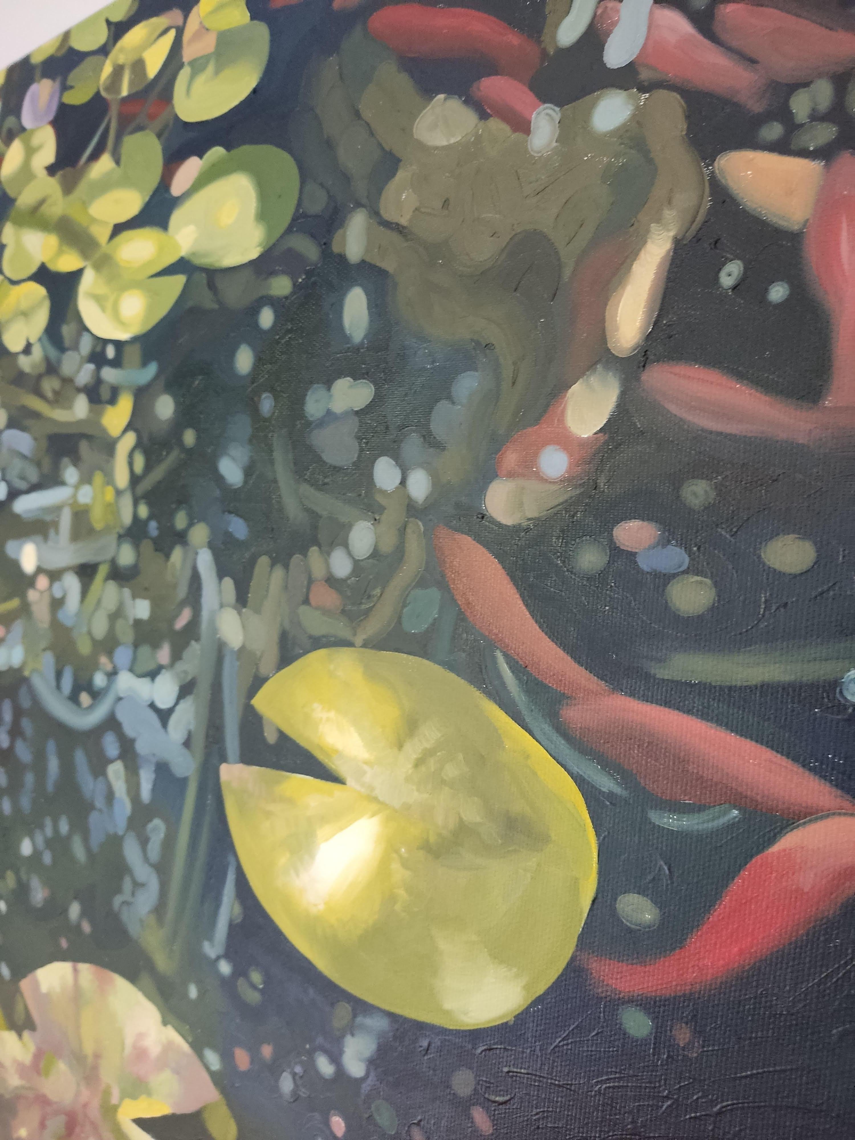 Peinture à l'huile originale de Bassin sur toile, lys d'eau, plante, eau, poisson doré - Noir Landscape Painting par Raphaël Renaud