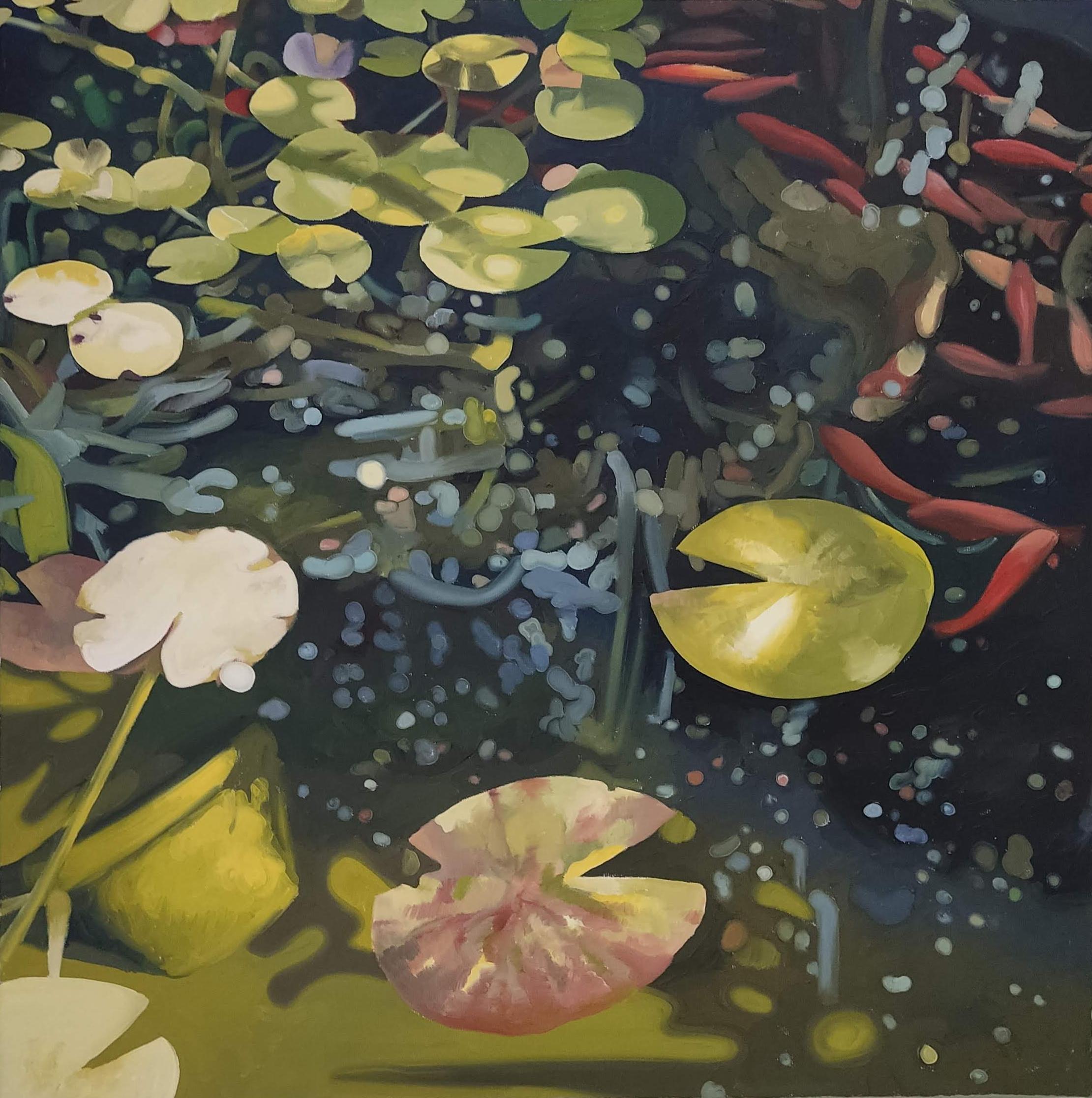 Landscape Painting Raphaël Renaud - Peinture à l'huile originale de Bassin sur toile, lys d'eau, plante, eau, poisson doré
