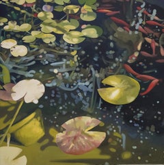 Peinture à l'huile originale de Bassin sur toile, lys d'eau, plante, eau, poisson doré