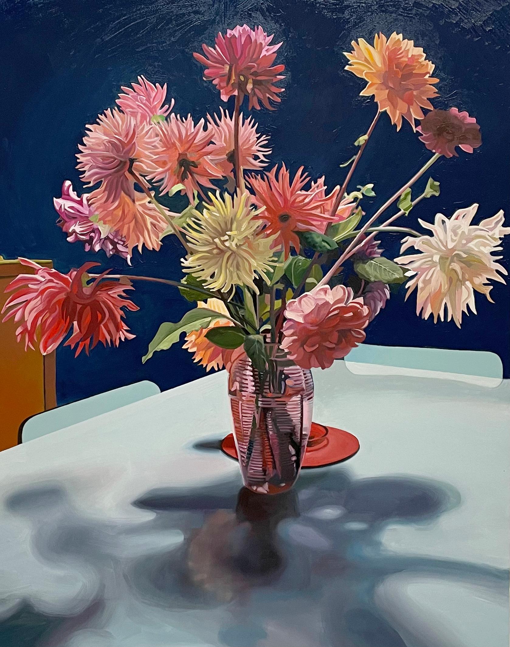 Bouquet de Dahlias, peinture à l'huile contemporaine, réalisme, nature morte, intérieurs