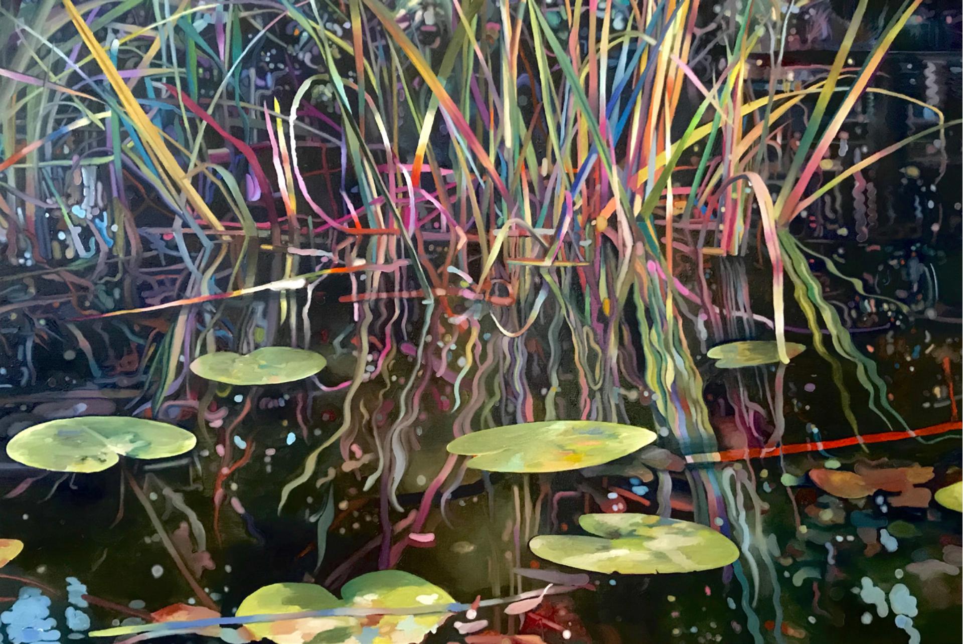 Raphaël Renaud Landscape Painting - Feurwerk, Original Oil Painting on Canvas, Water lily, Landscape