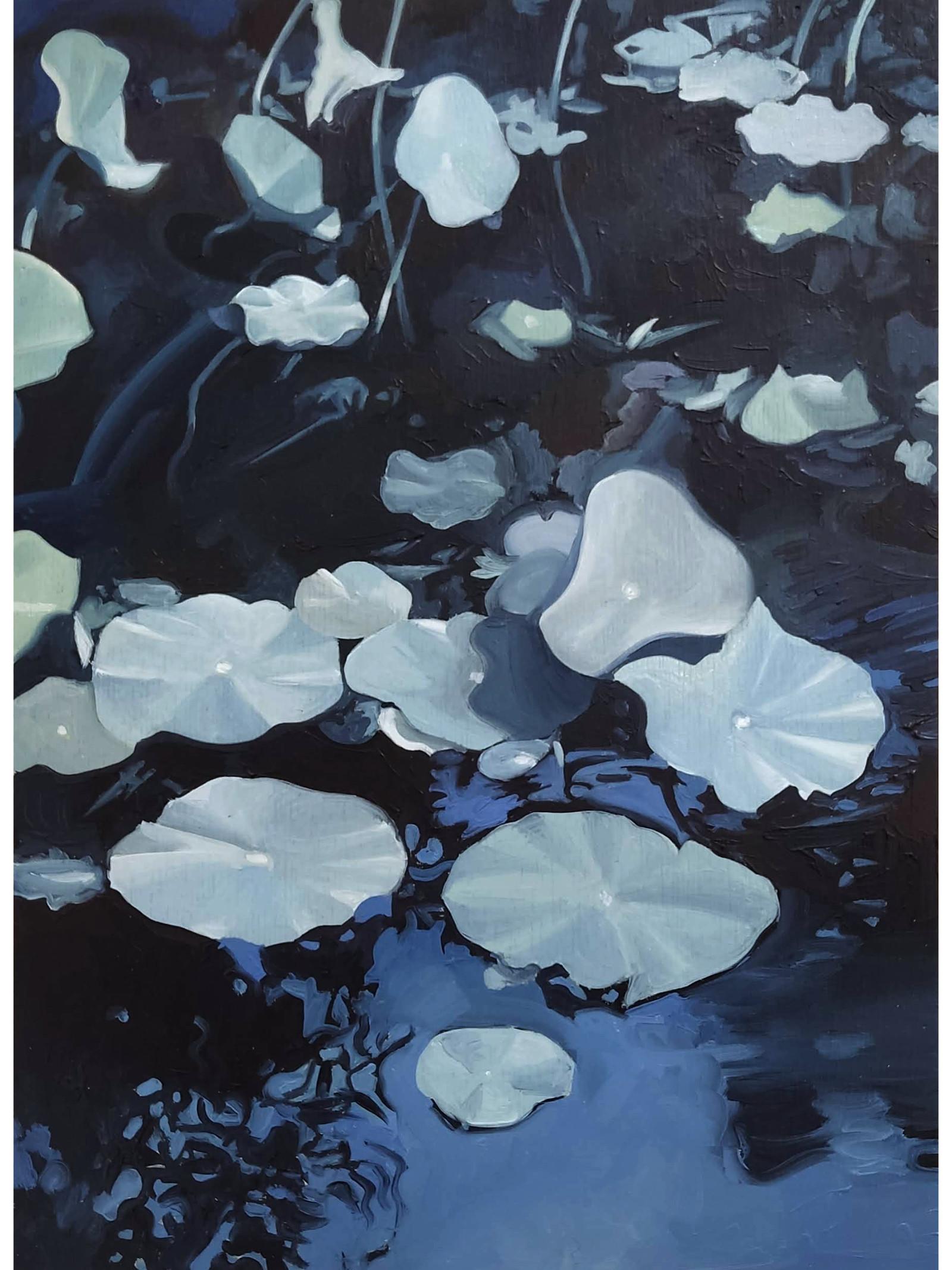 Raphaël Renaud Figurative Painting - Nelumbo nucifera 1, Oil Painting, Water lilies, france, Blue, Nature
