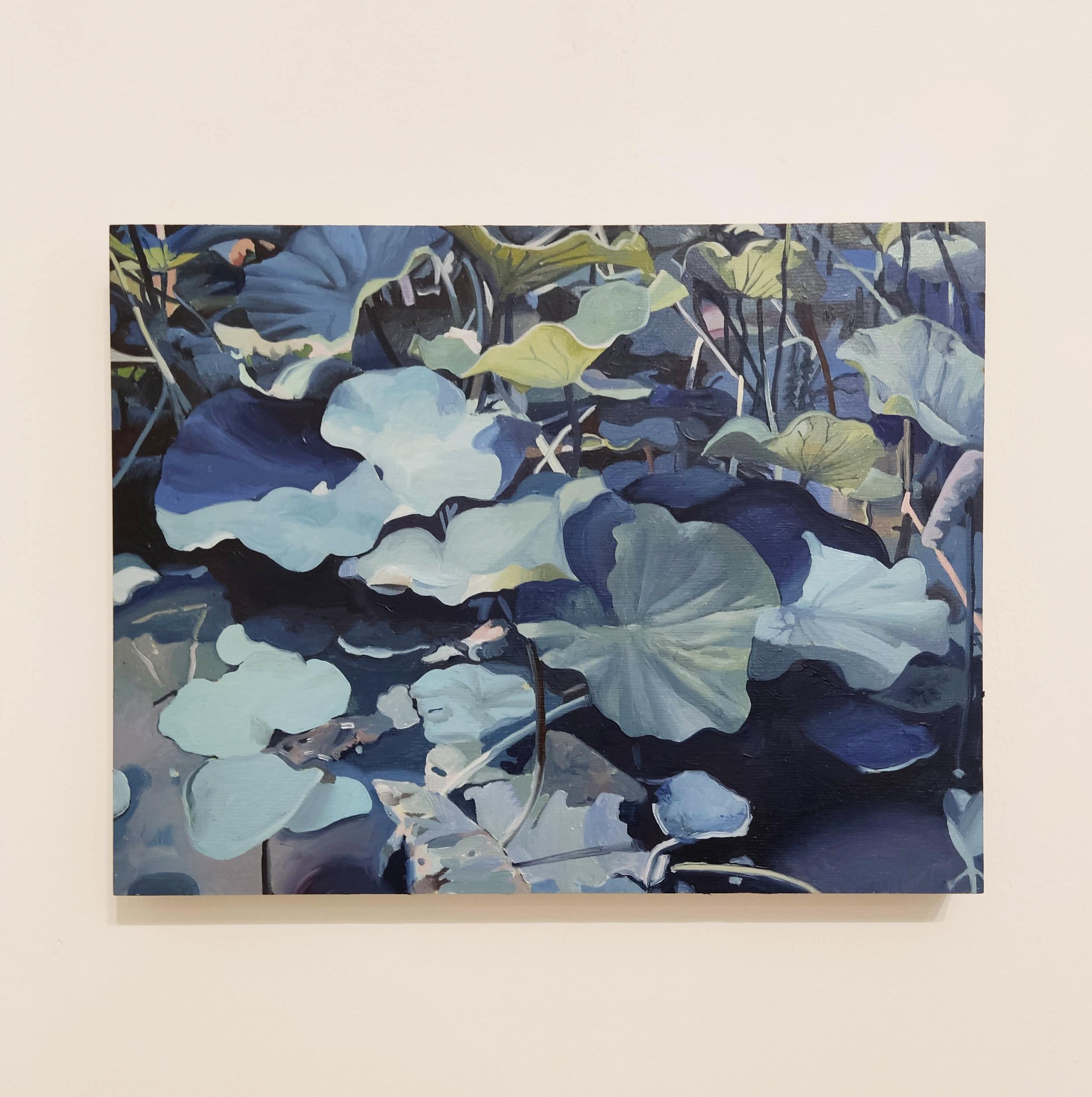 Nelumbo nucifera 2 - Original-Ölgemälde, Wasserlilien, blau, Frankreich (Impressionismus), Painting, von Raphaël Renaud
