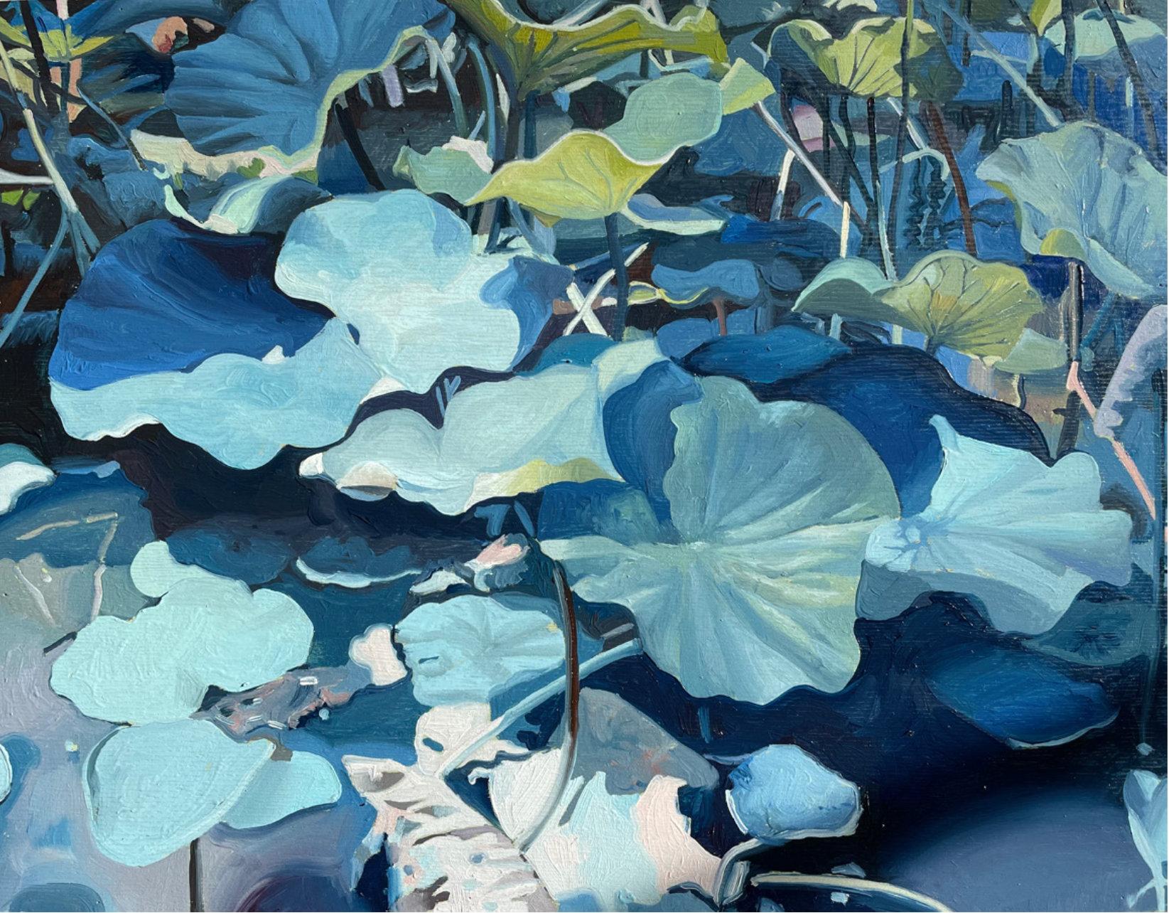 Nelumbo nucifera 2 - Original-Ölgemälde, Wasserlilien, blau, Frankreich