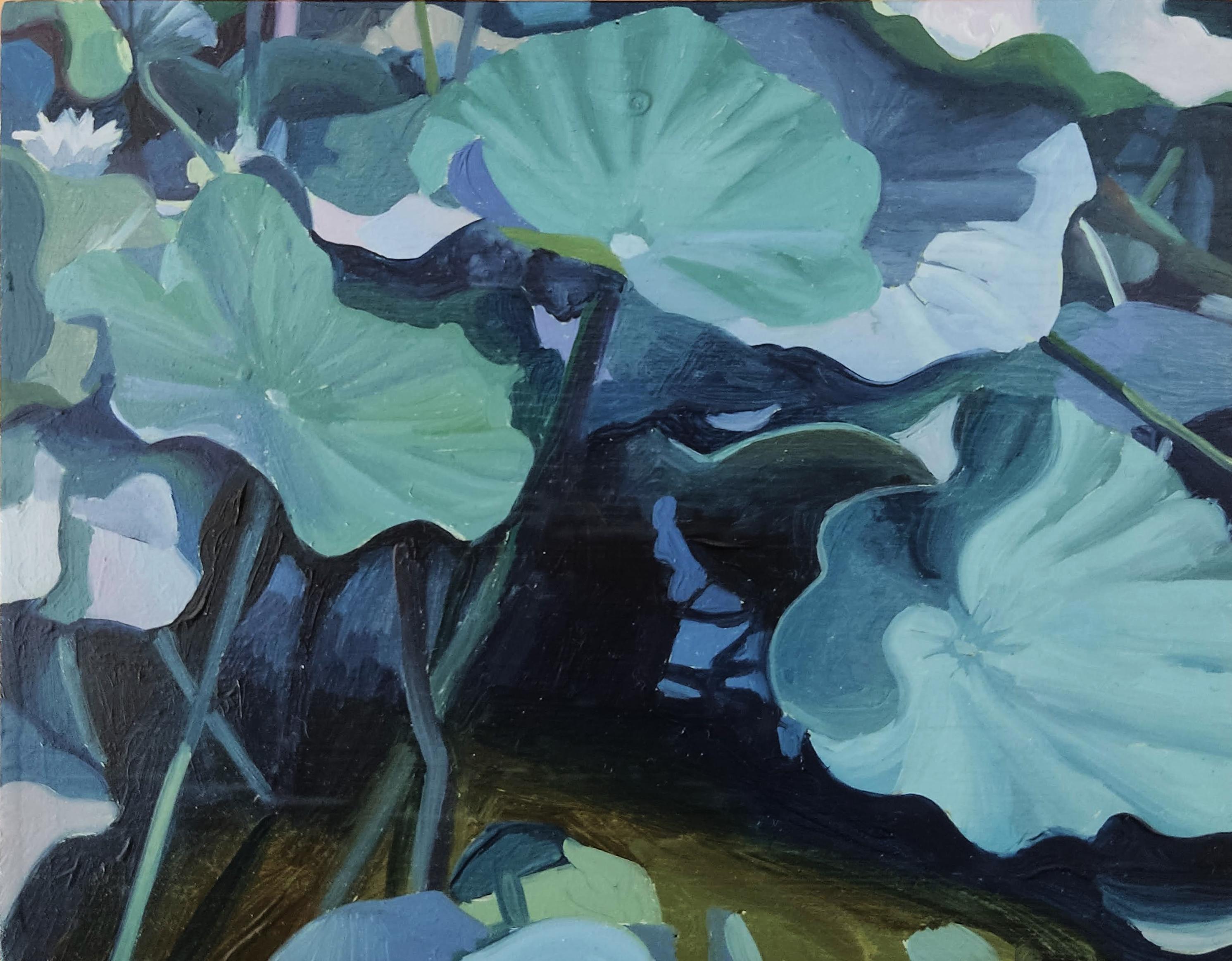 Nelumbo nucifera 3, Wasserlilien, Original-Ölgemälde, Blau, Landschaft