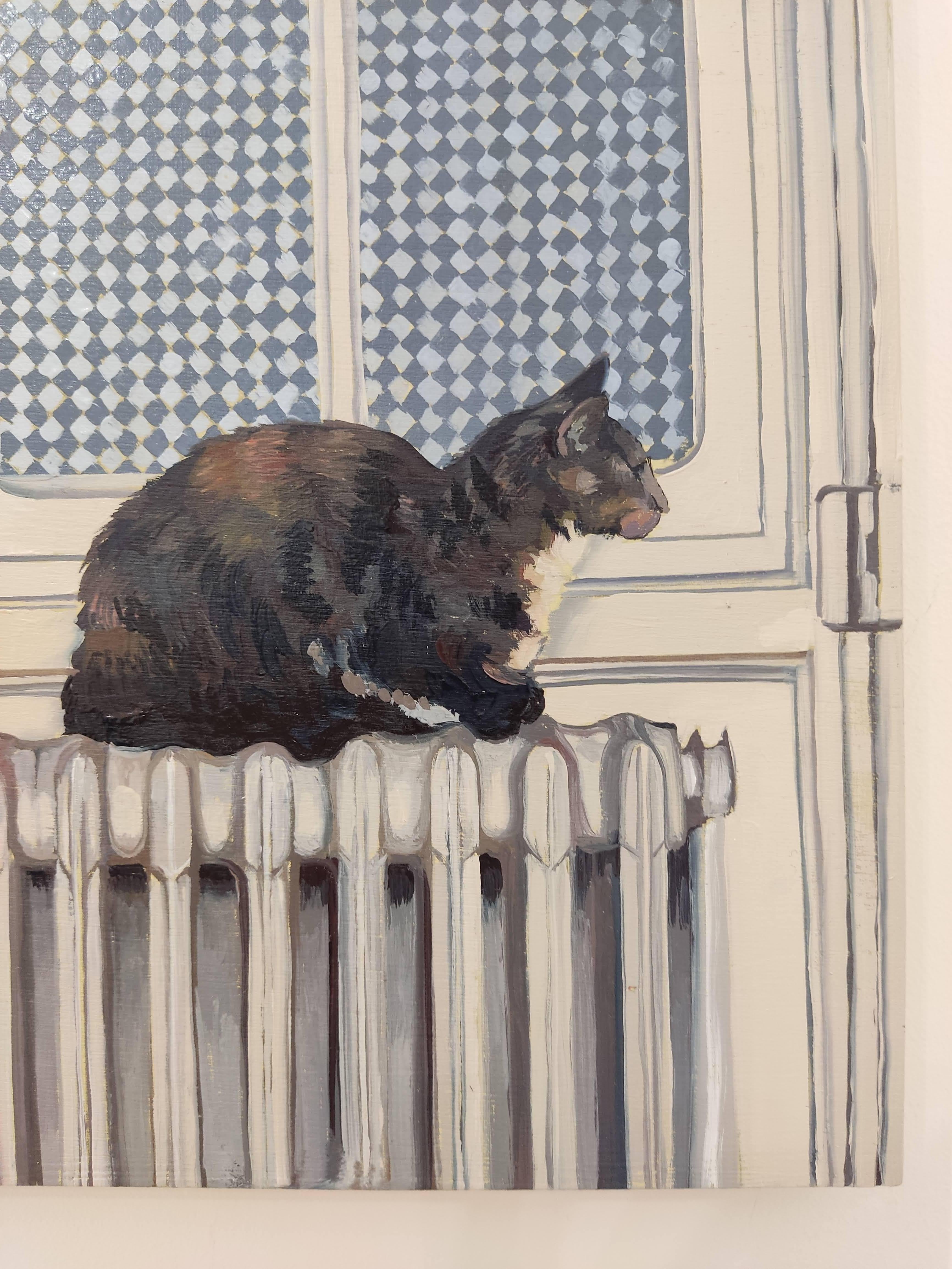 Pixel sur le radiateur, peinture à l'huile contemporaine, intérieurs intimes, chat - Painting de Raphaël Renaud
