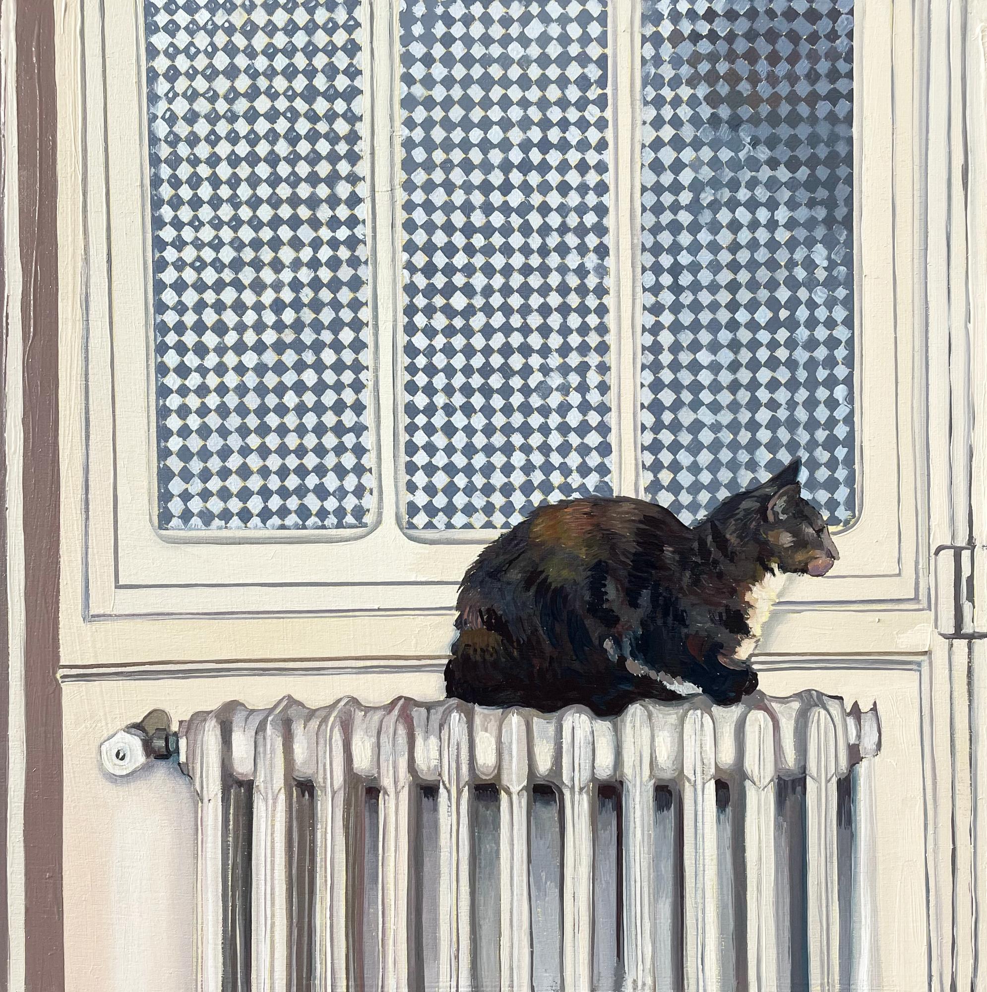 Pixel sur le radiateur, peinture à l'huile contemporaine, intérieurs intimes, chat