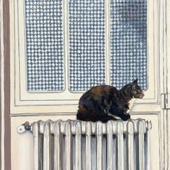 Pixel sur le radiateur, Original Oil Painting, Intimate Interiors, Cat