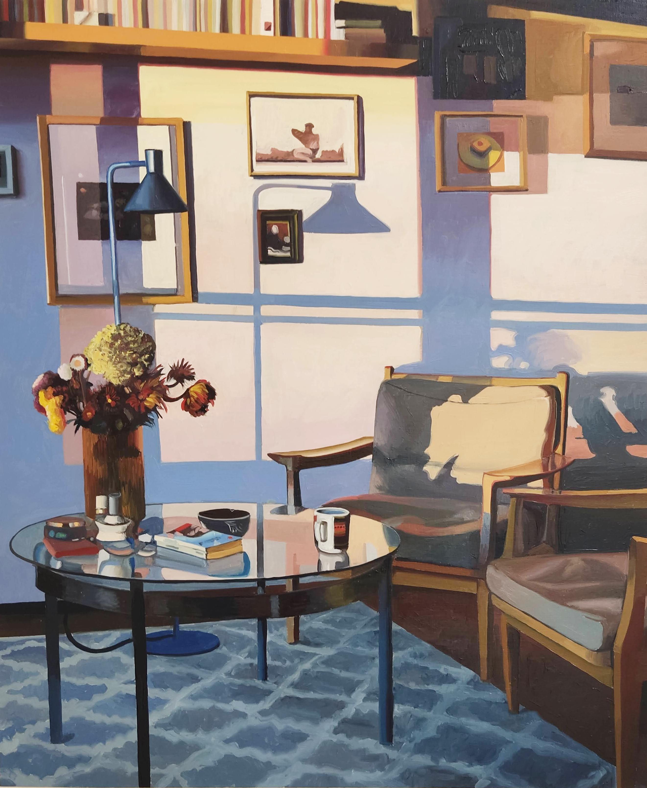 Raphaël Renaud Figurative Painting - The living room in summer - Original Oil Painting, Interior design