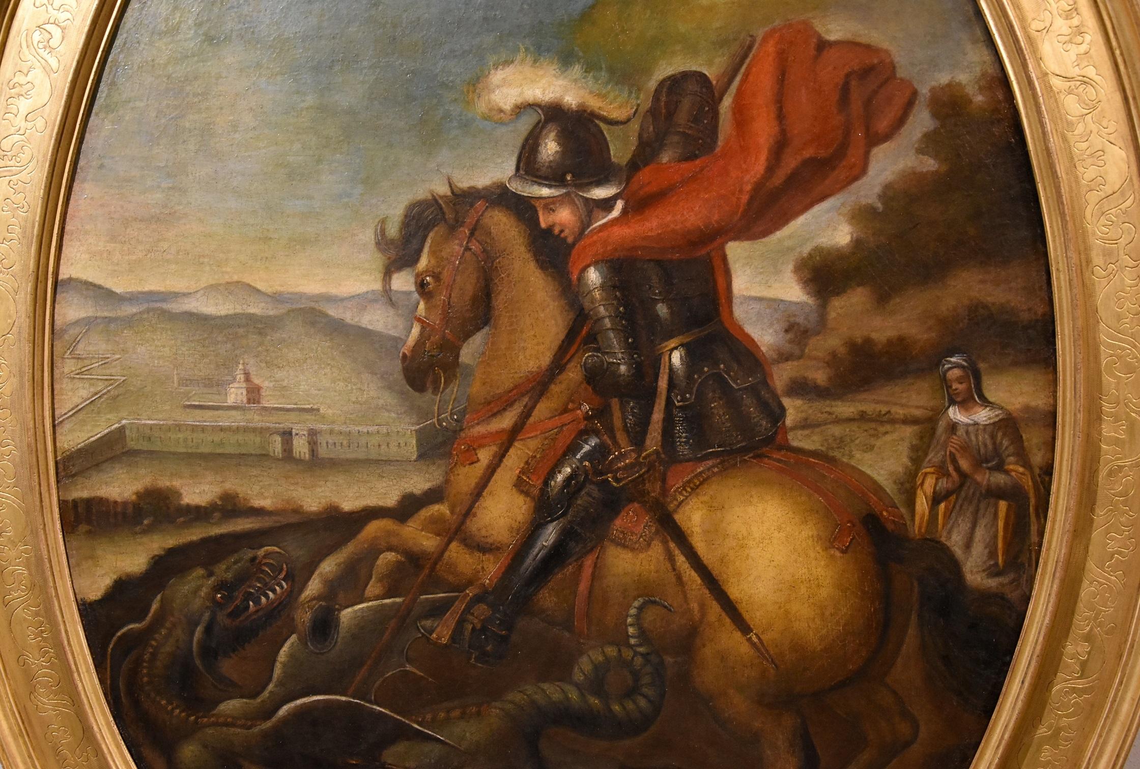 St. George Defeats the Dragon
Follower of Raphael Sanzio (Urbino, 1483 - Rome, 1520), 17th-18th century

Oil on oval canvas
124 x 95 cm./ in frame 148 x 118 cm.

The painting evocatively illustrates the triumph against the dragon of St. George, a