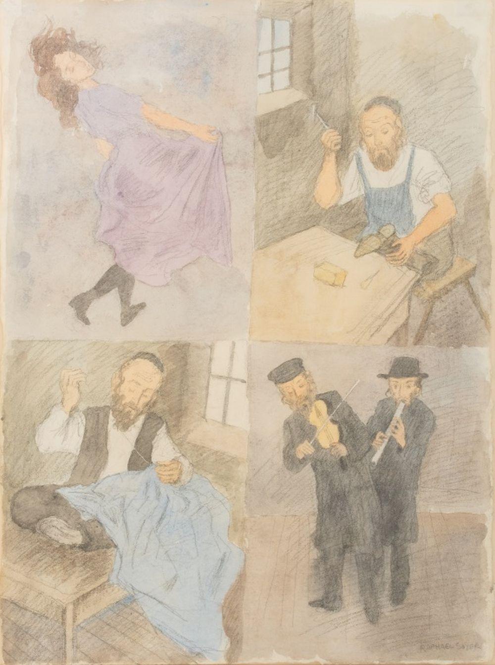 Figural Narrative - Modern Mixed Media Art by Raphael Soyer