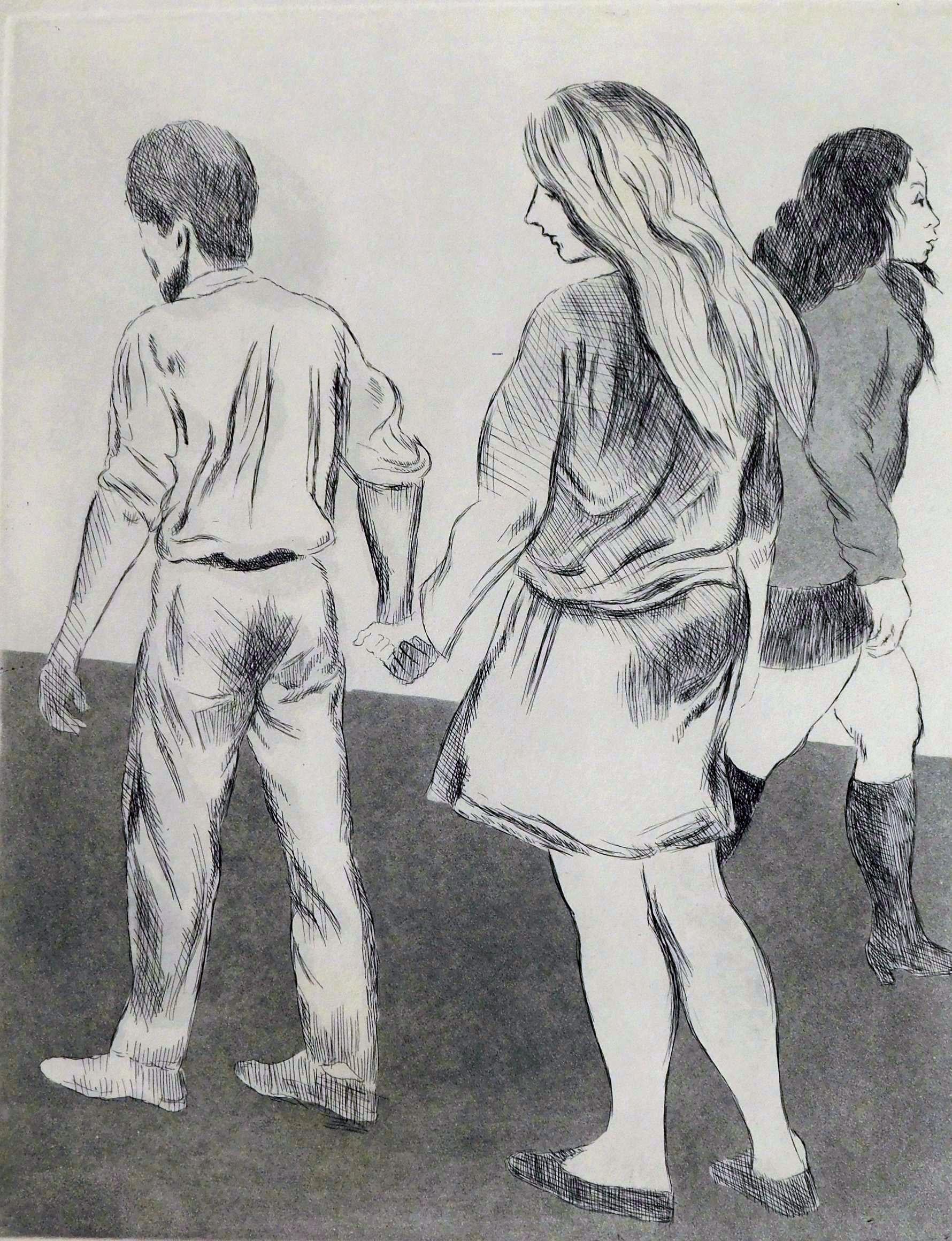 Gravure originale de l'artiste Raphael Soyer (1899-1987), né à New York en Russie.
Belle composition. Un couple d'amoureux se tenant par la main. Créée dans les années 1970
Taille de l'édition : 250. En parfait état. Maté et non encadré.
Au crayon
