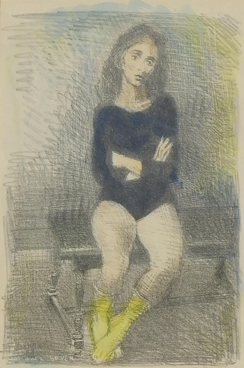 Raphael Soyer Original Lithograph - Watercolor added by the artist's hand, 1955 
The image measures 13