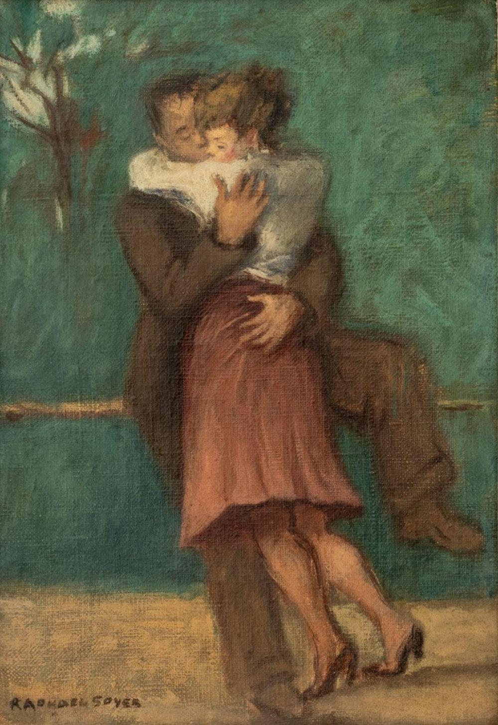 Couple Embracing in an Interior Scene - Painting by Raphael Soyer