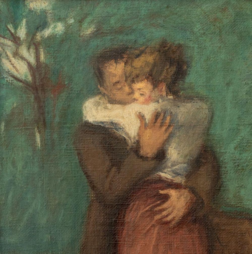 Couple Embracing in an Interior Scene - Modern Painting by Raphael Soyer
