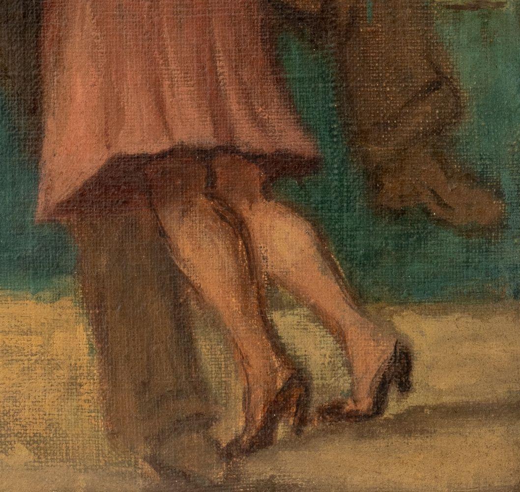 Couple Embracing in an Interior Scene - Brown Figurative Painting by Raphael Soyer