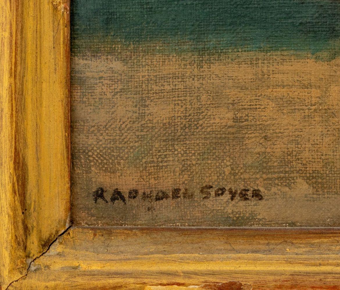 Raphael Soyer (American, born Russia, 1899-1987), Couple Embracing in an Interior Scene, Oil on Canvas, signed lower left, Associated American Artists label to verso, giltwood frame. Image: 9.75