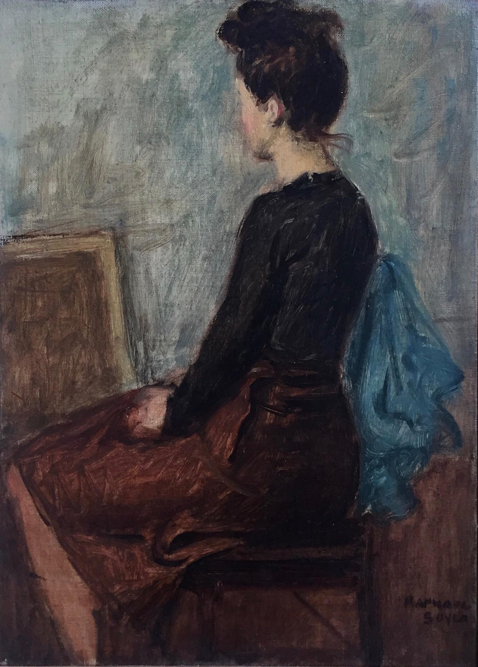 Raphael Soyer Interior Painting - Lady Sitting, Figurative, New York Social Realist, Urban, Mid-Century