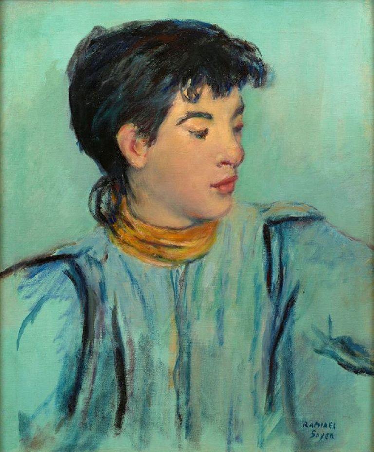 Raphael Soyer Figurative Painting - Portrait of a Lady in Blue