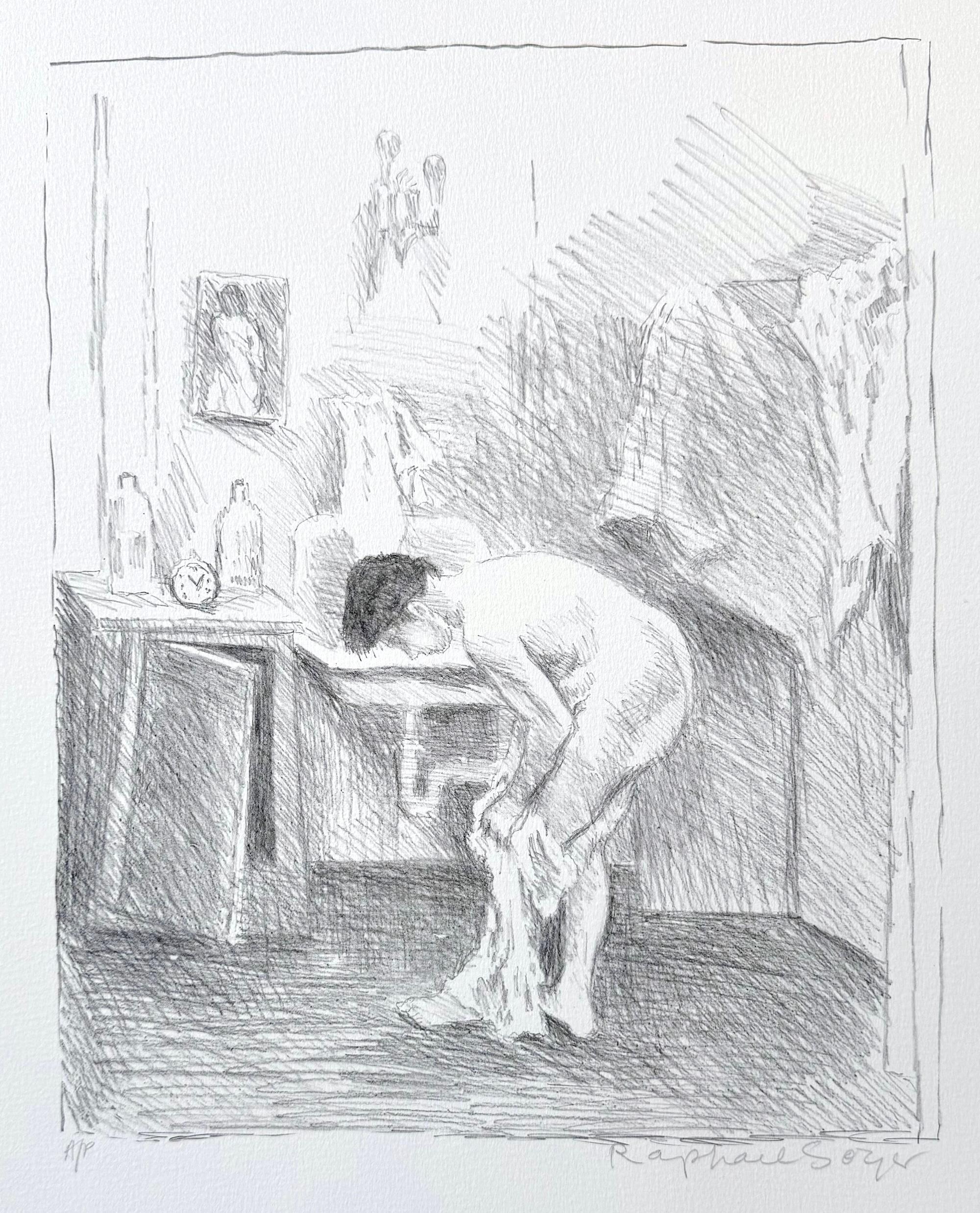 Signierte Lithographie „ AFTER THE BATH“, Innenszene, nackte Frau, realistische Zeichnung – Print von Raphael Soyer
