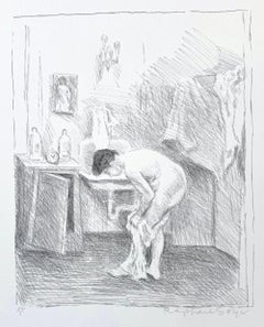 Lithographie signée, scène d'intérieur, femme nue, dessin réaliste