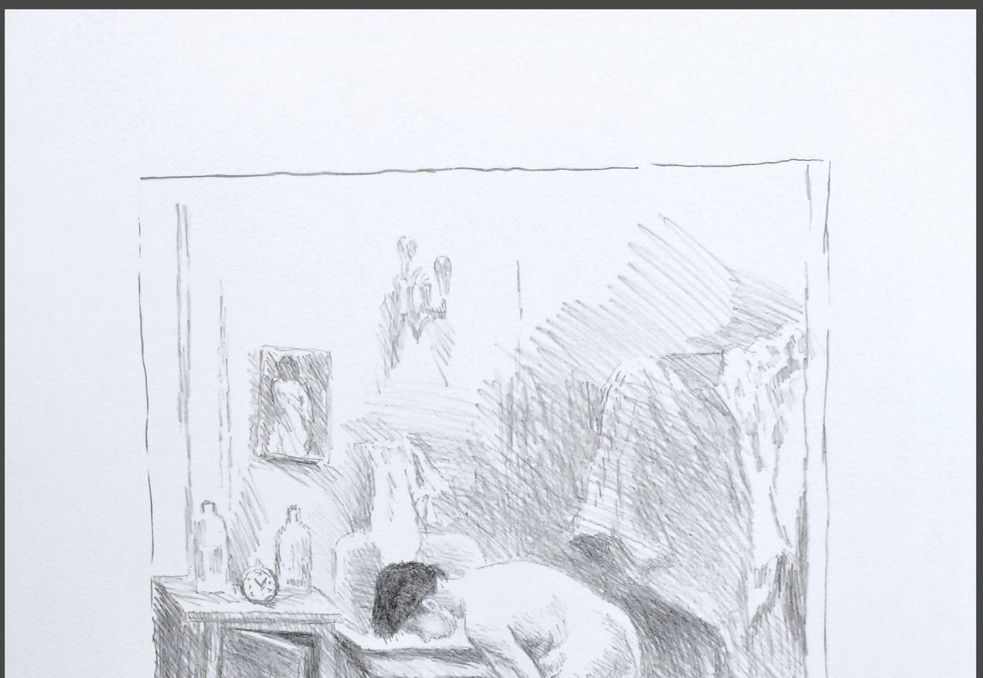 DOPO IL BAGNO Litografia firmata, Scena d'interni, Donna nuda, Disegno realista in vendita 1