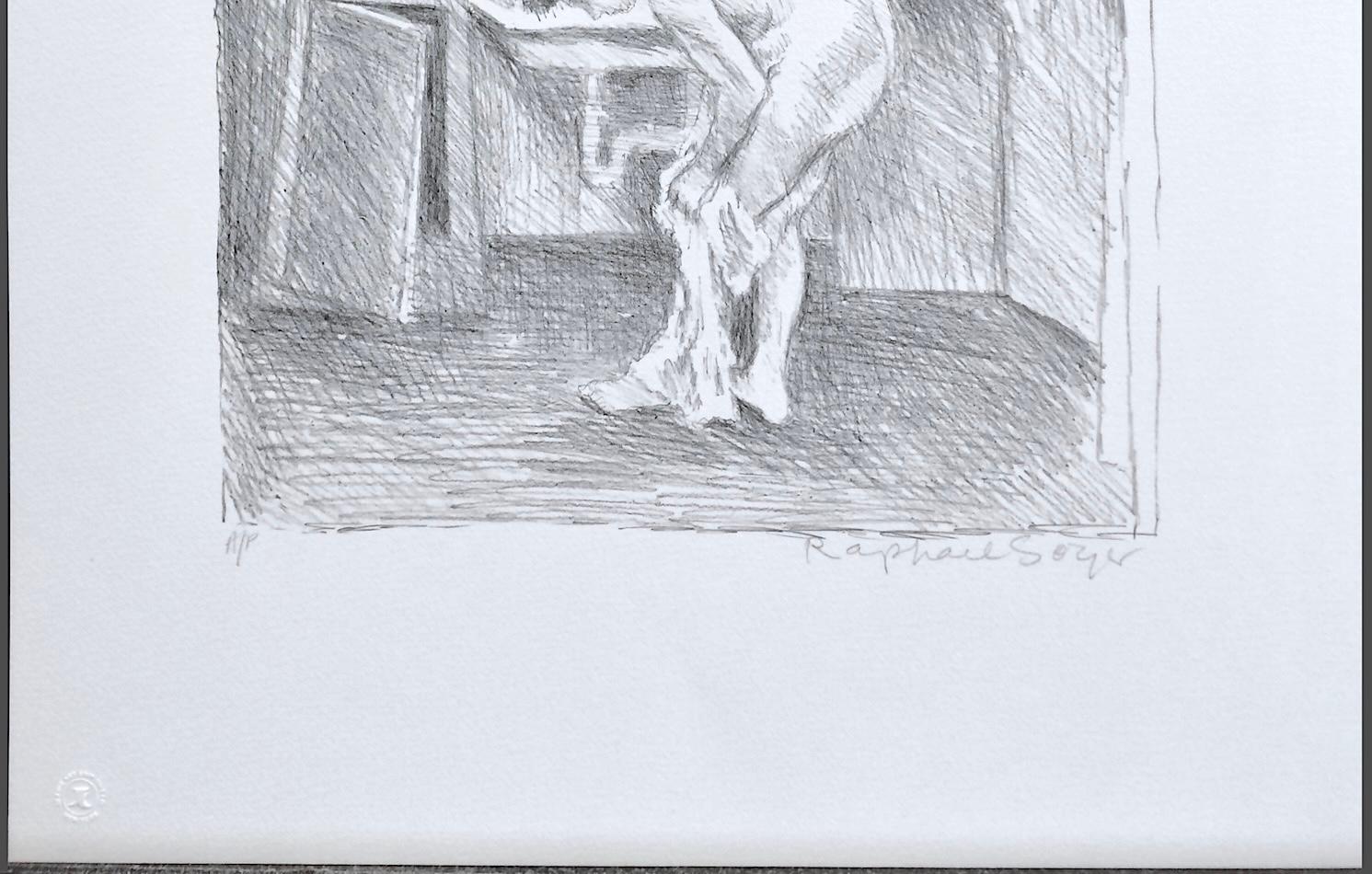 DOPO IL BAGNO Litografia firmata, Scena d'interni, Donna nuda, Disegno realista in vendita 2