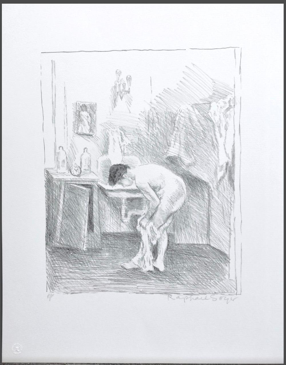 DOPO IL BAGNO Litografia firmata, Scena d'interni, Donna nuda, Disegno realista in vendita 3