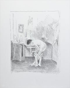AFTER THE BATH Signed Lithograph, Interior Scene, Nude Woman, Realist Drawing
