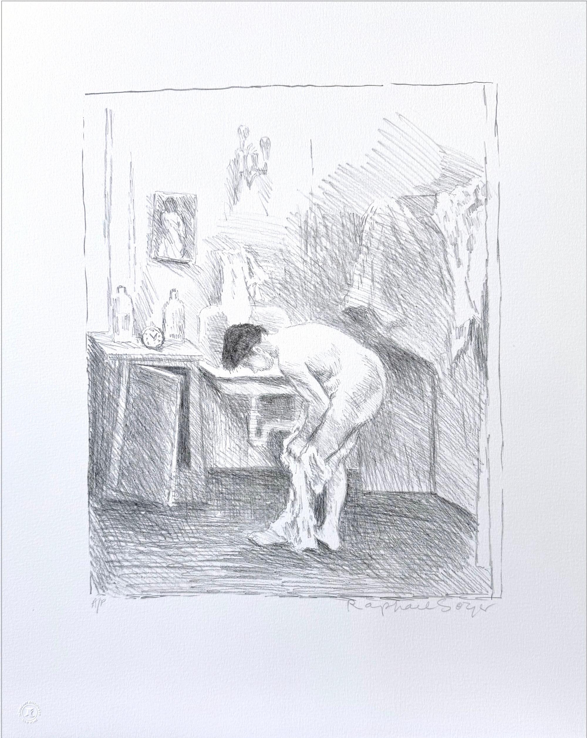 Lithographie signée, scène d'intérieur, femme nue, dessin réaliste