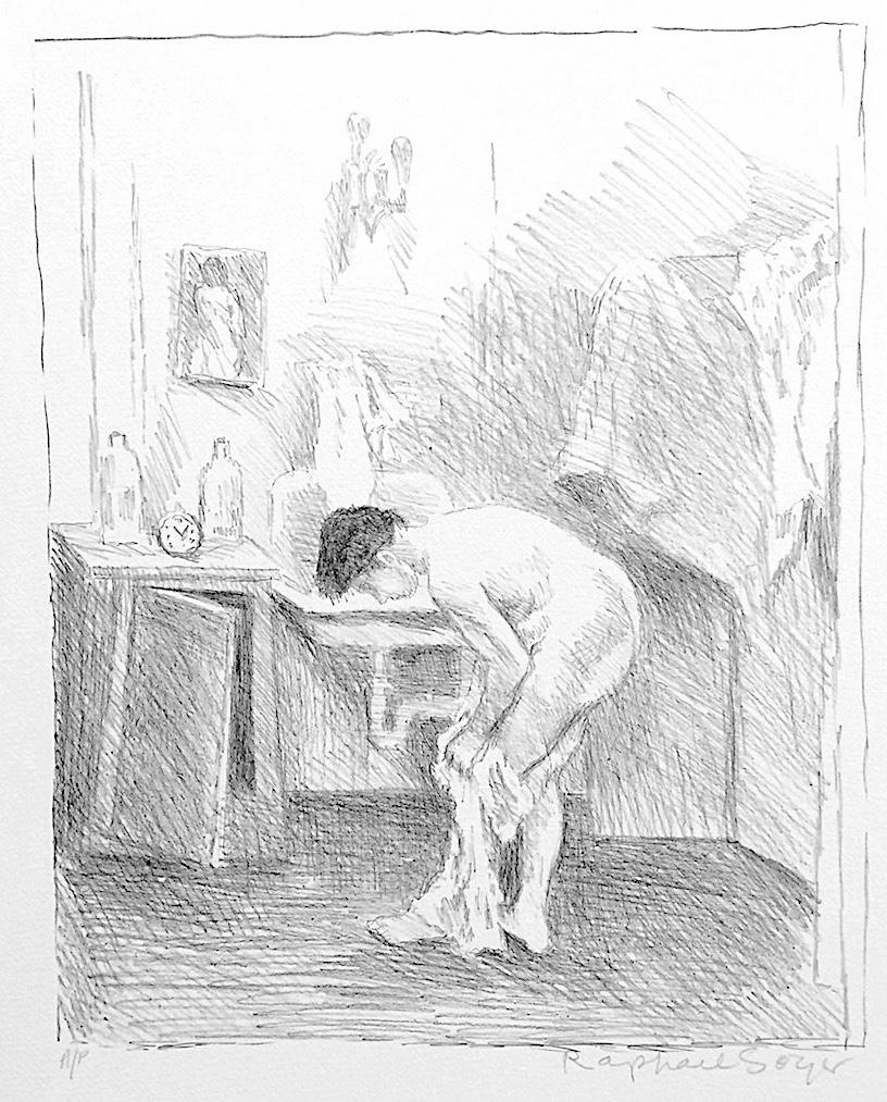 AFTER THE BATH Signed Lithograph, Nude Portrait, Woman Dressing